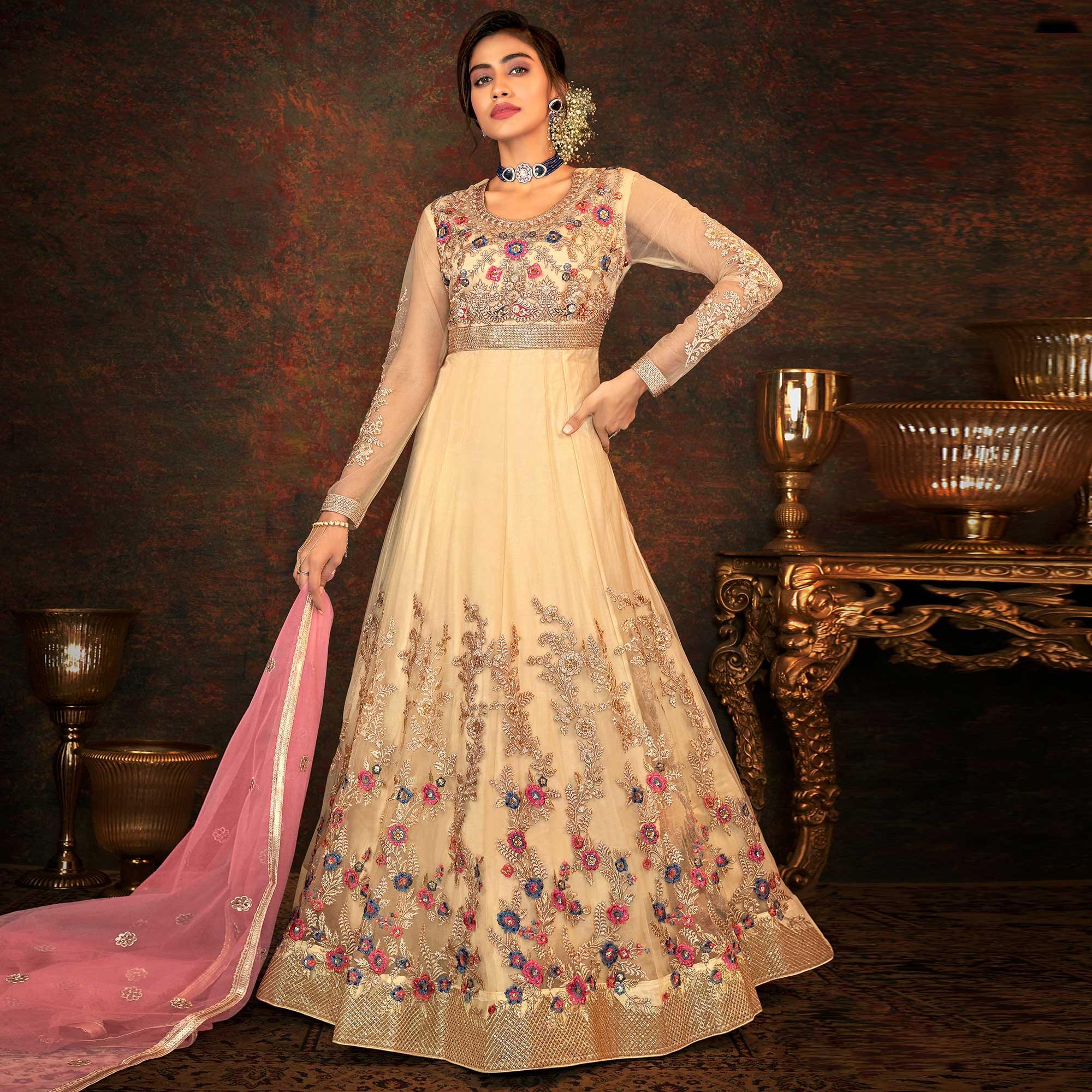 Chikoo Floral Embroidered Net Partywear Gown - Peachmode