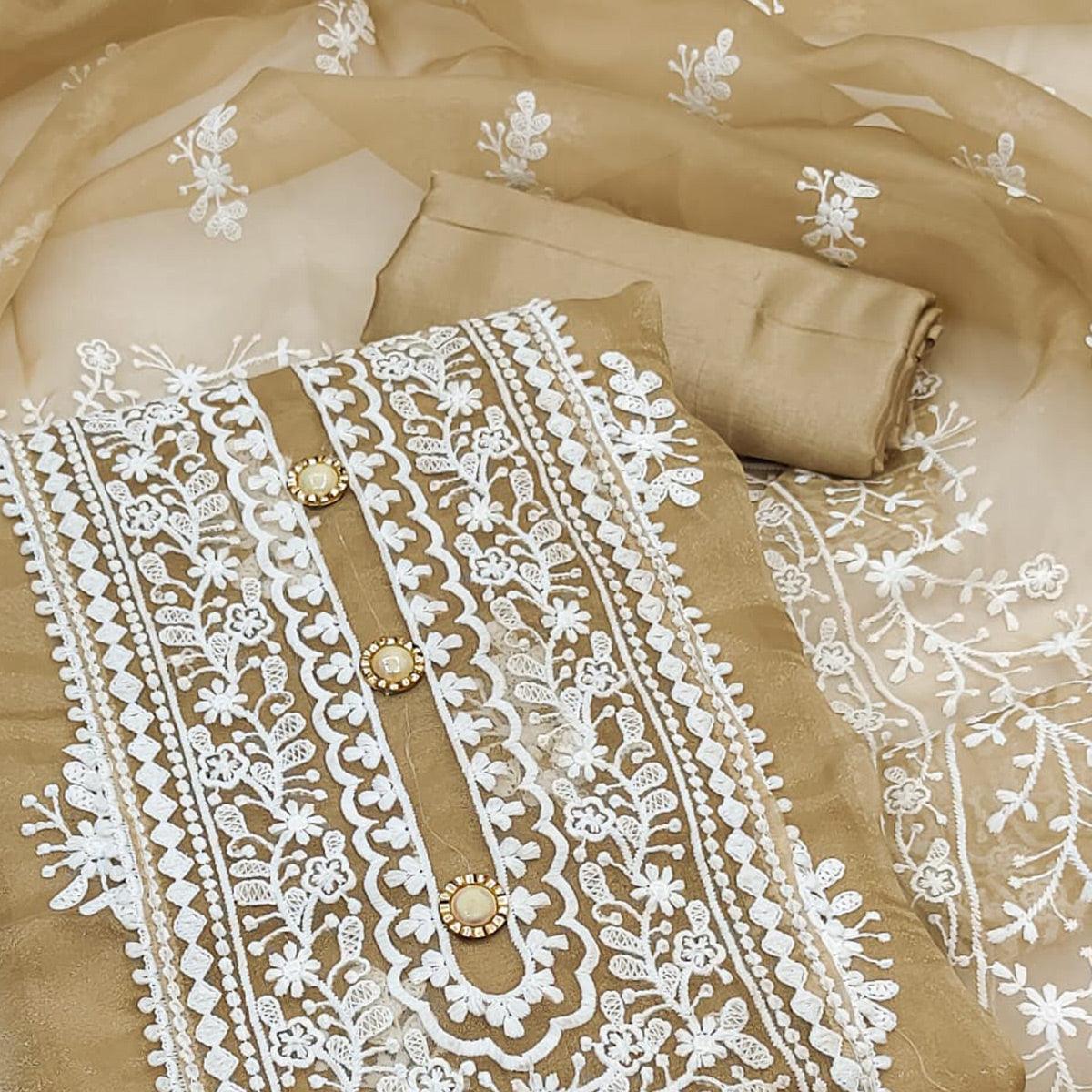 Chikoo Floral Embroidered Organza Dress Material - Peachmode