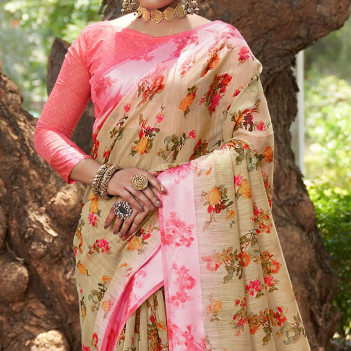 Chikoo Floral Printed Linen Saree - Peachmode