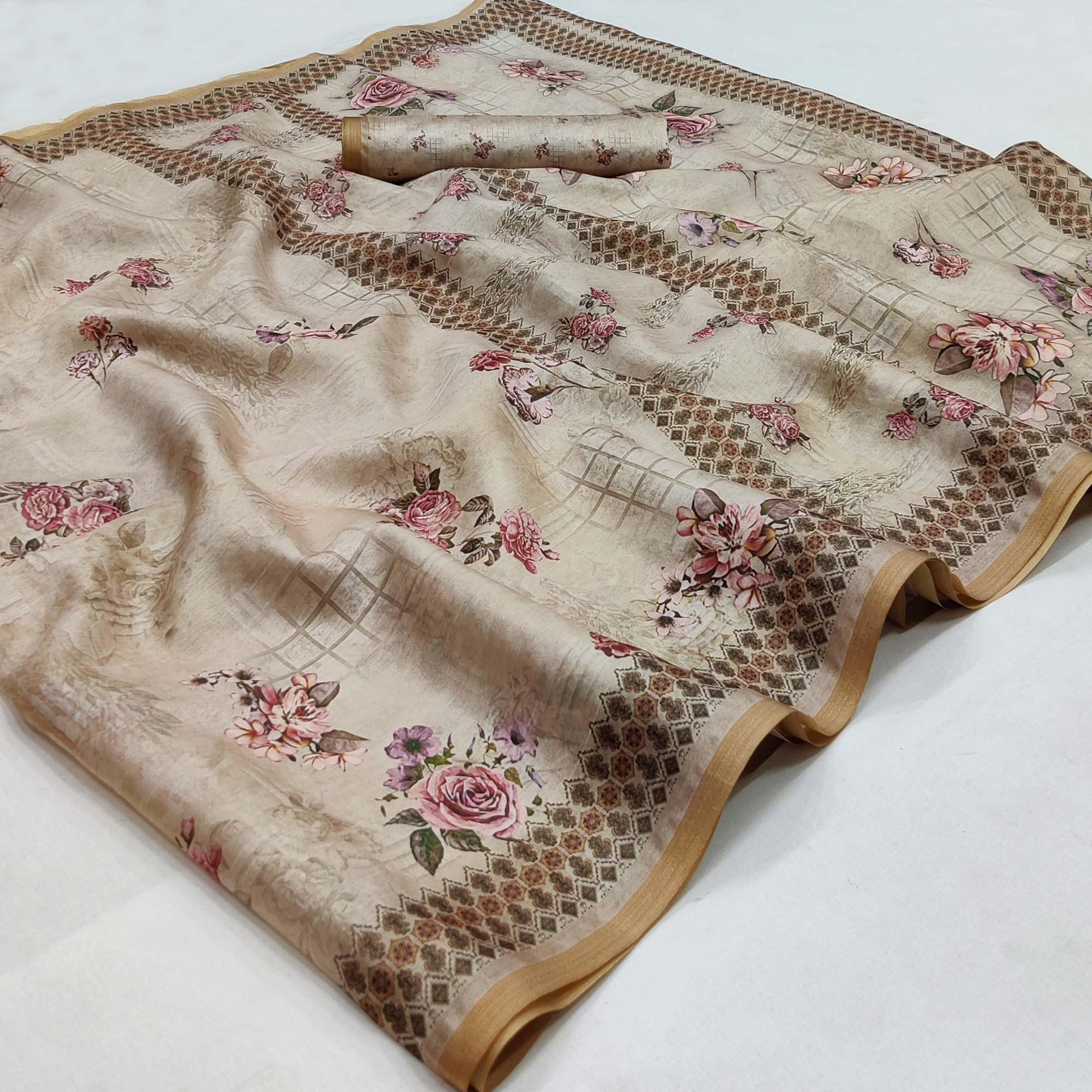 Chikoo Floral Printed Pure Cotton Saree - Peachmode