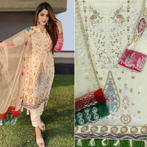 Chikoo Floral Sequence Embroidered Georgette Pakistani Suit - Peachmode