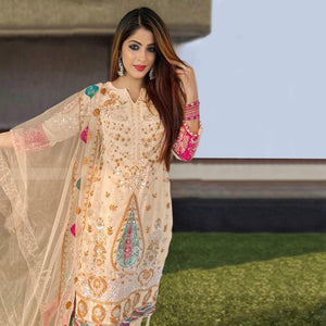 Chikoo Floral Sequence Embroidered Georgette Pakistani Suit - Peachmode