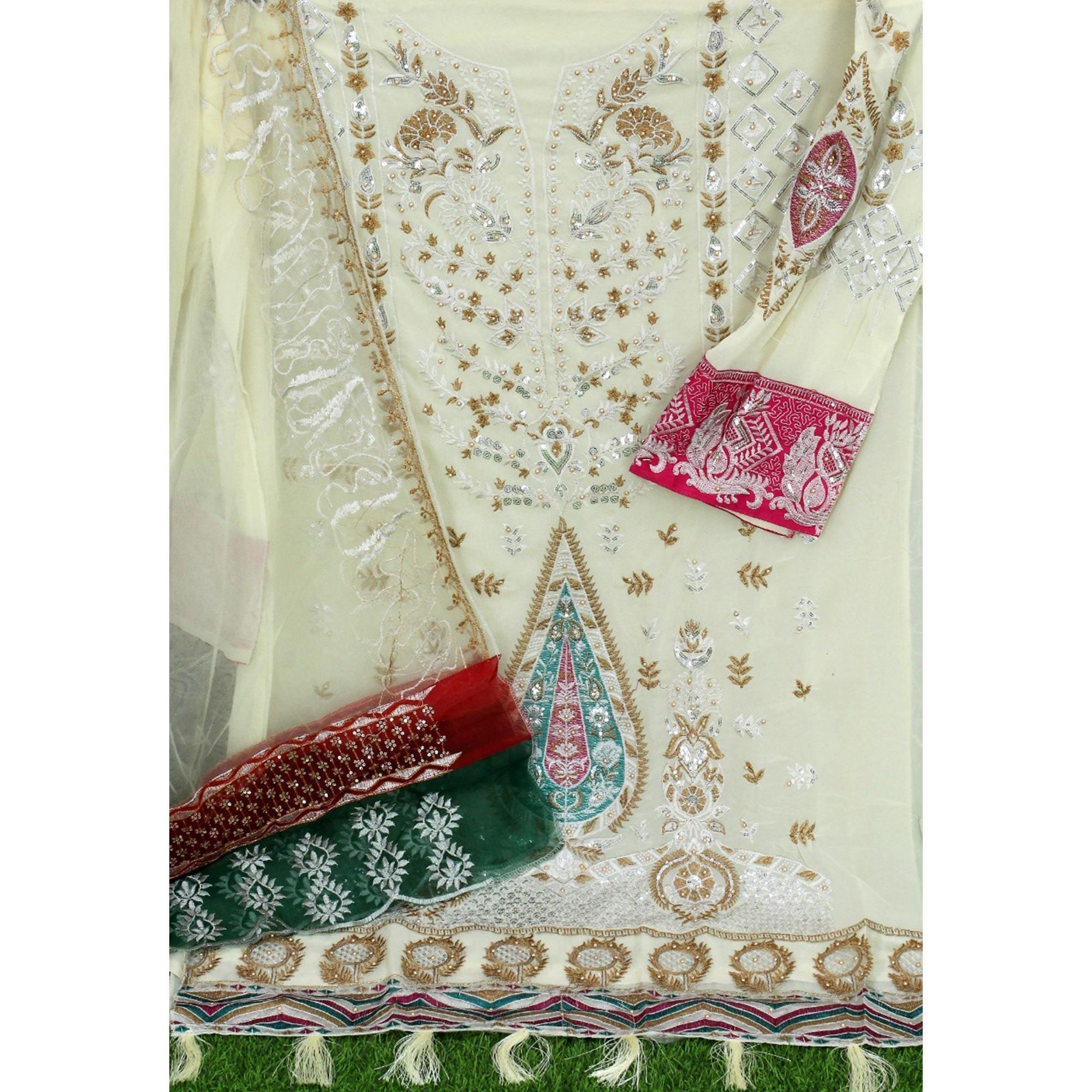 Chikoo Floral Sequence Embroidered Georgette Pakistani Suit - Peachmode