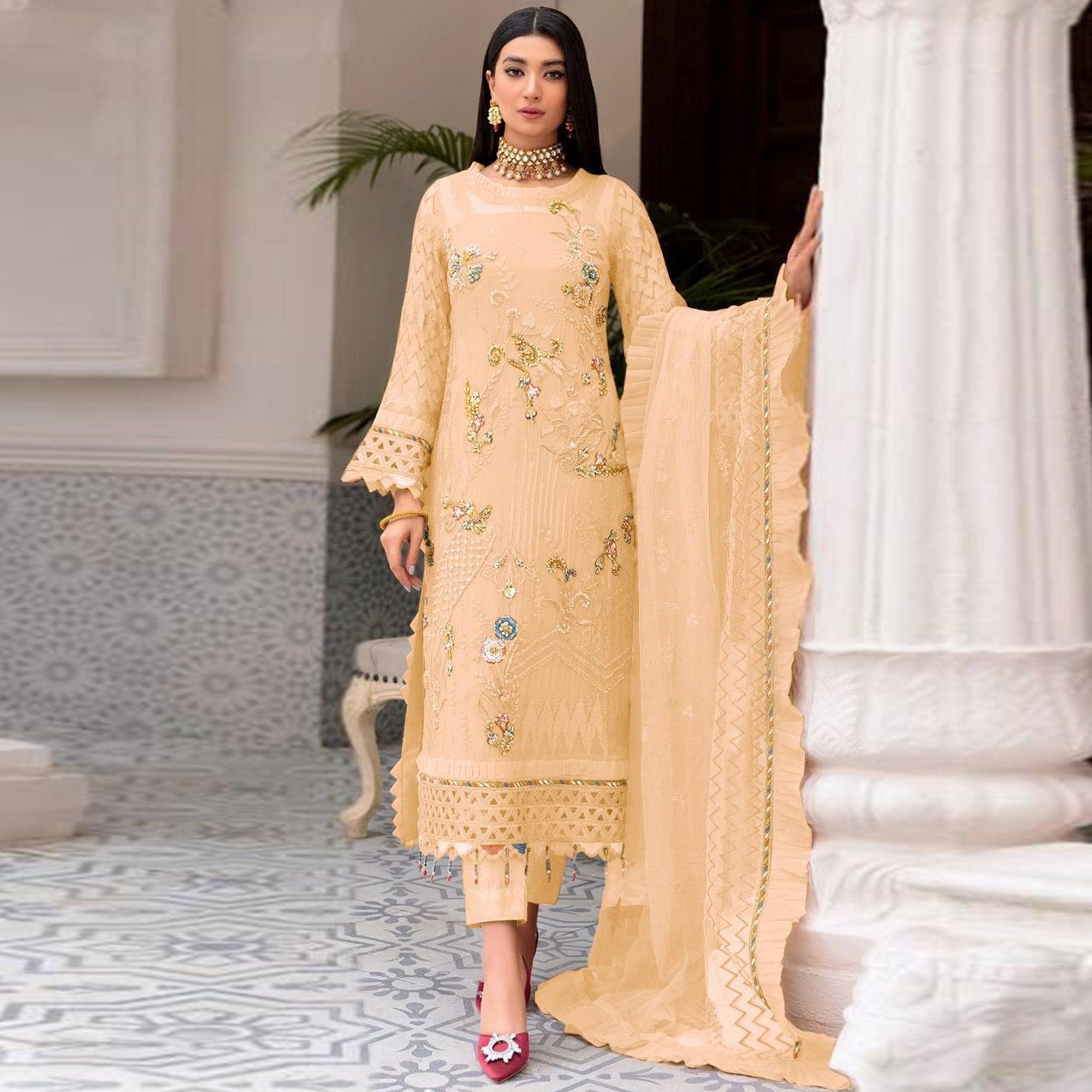 Chikoo Floral Sequence Embroidered Work Georgette Pakistani Suit - Peachmode