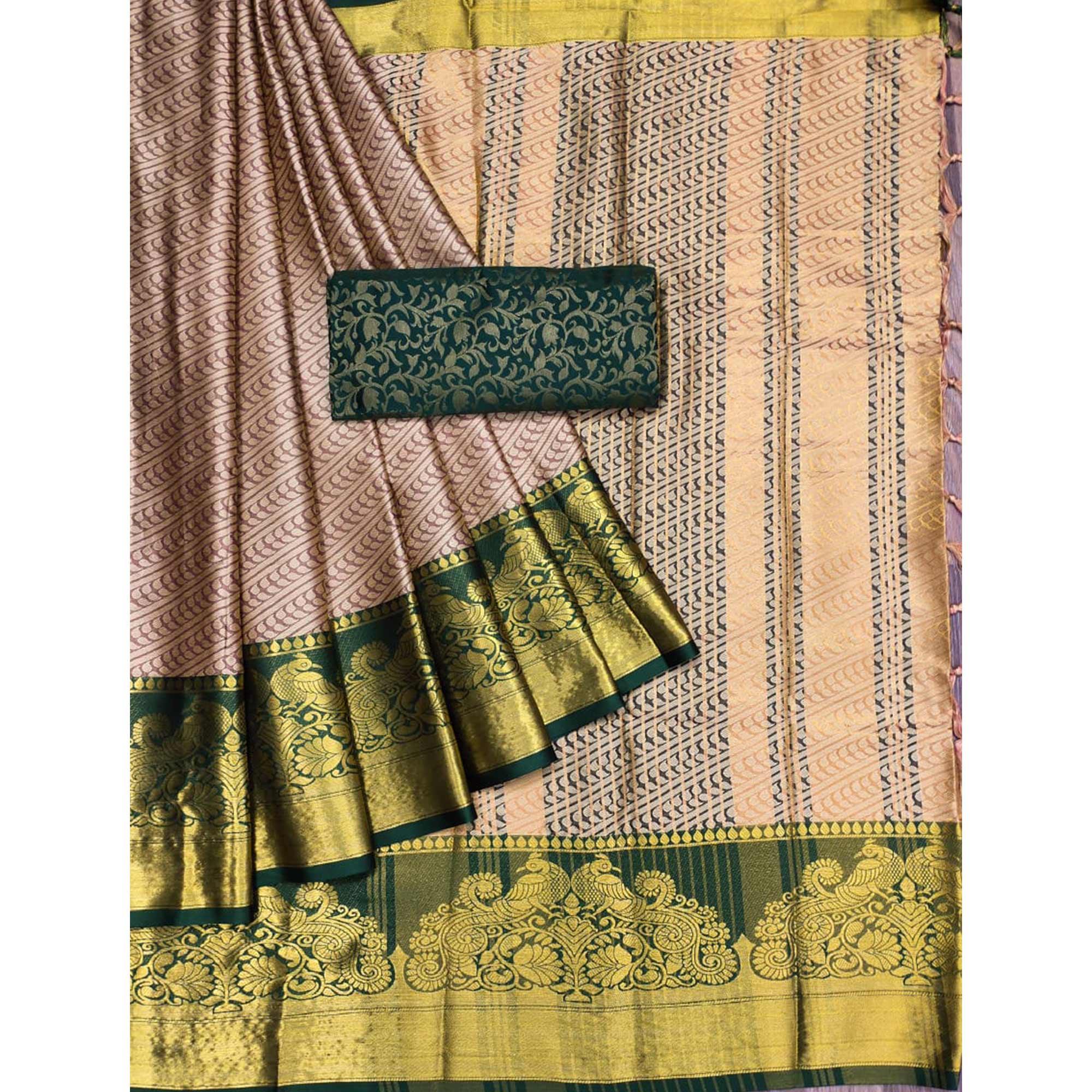 Chikoo Kalamkari Woven Cotton Silk Saree - Peachmode