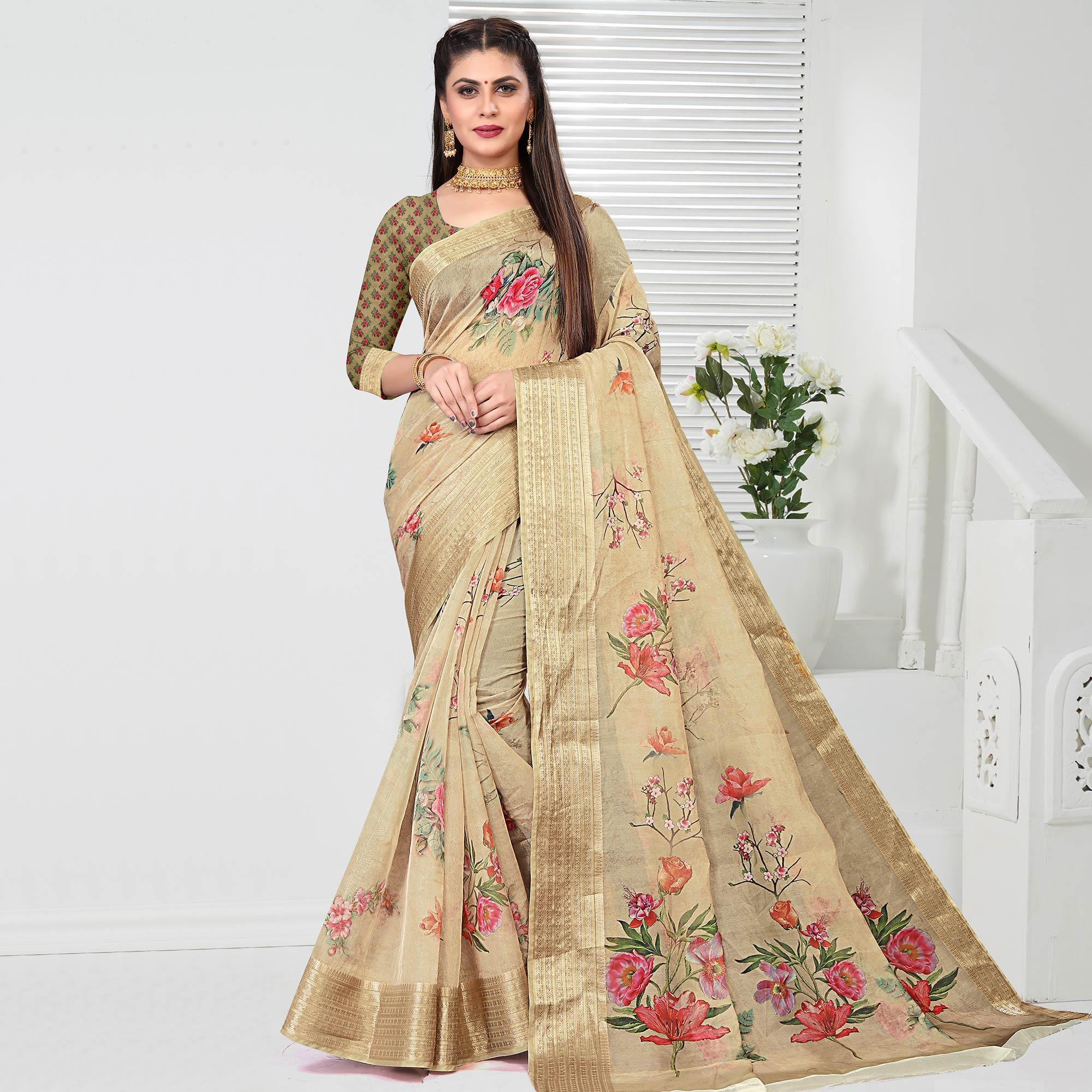 Chikoo Party Wear Floral Digital Printed With Jacquard Border Soft Georgette Saree - Peachmode