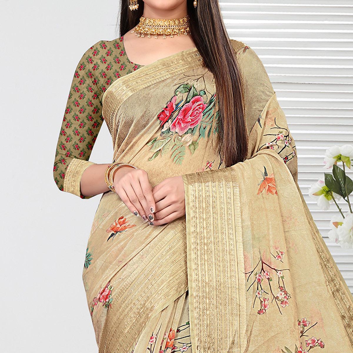 Chikoo Party Wear Floral Digital Printed With Jacquard Border Soft Georgette Saree - Peachmode
