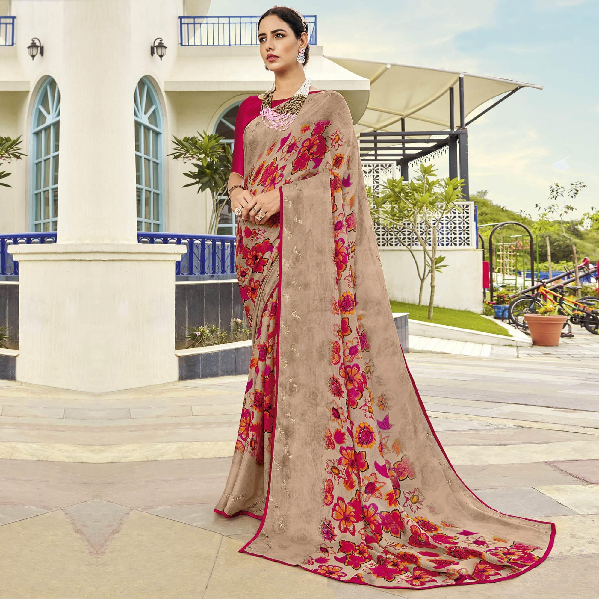Chikoo Partywear Floral Printed Chiffon Saree - Peachmode