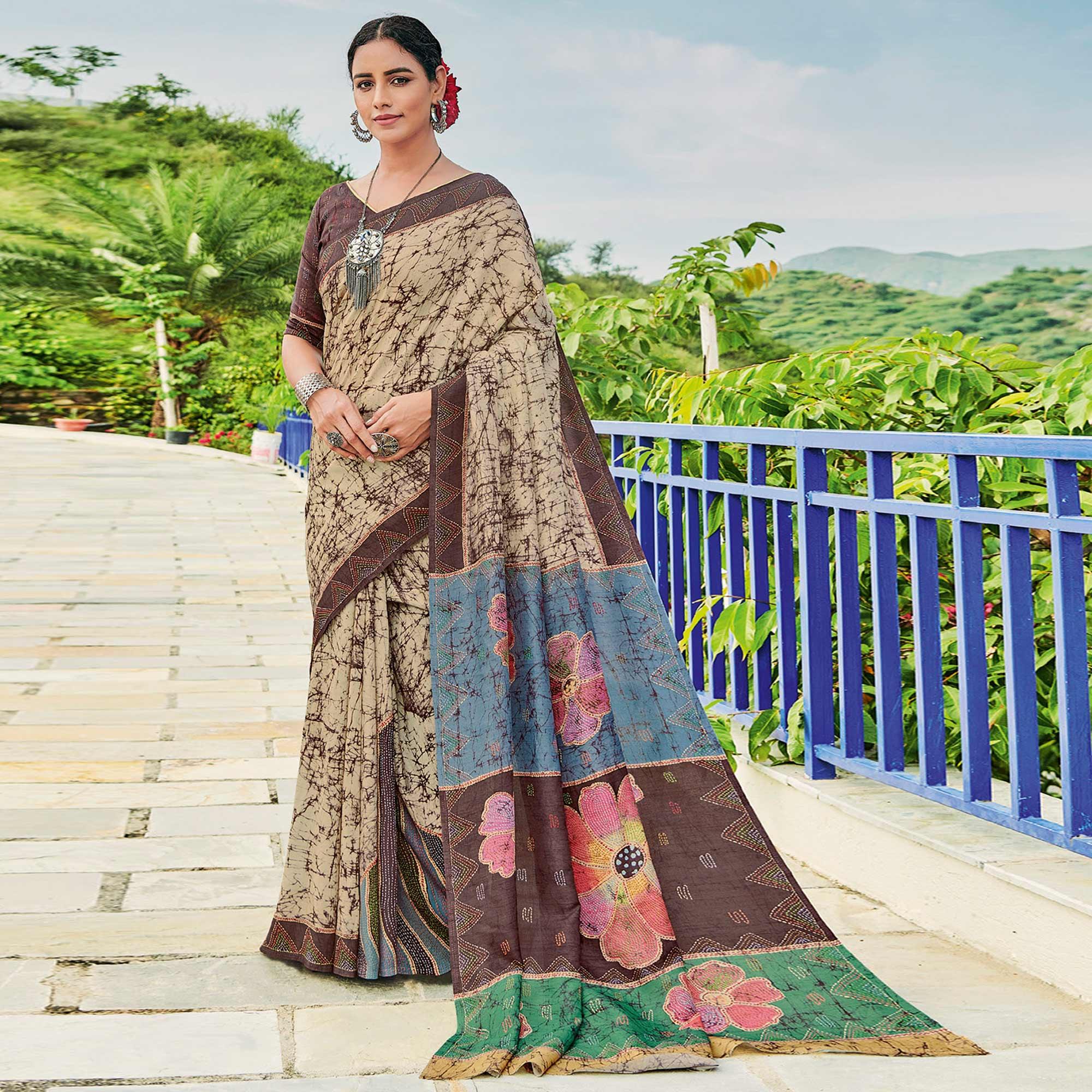 Chikoo Printed Cotton Silk Saree - Peachmode