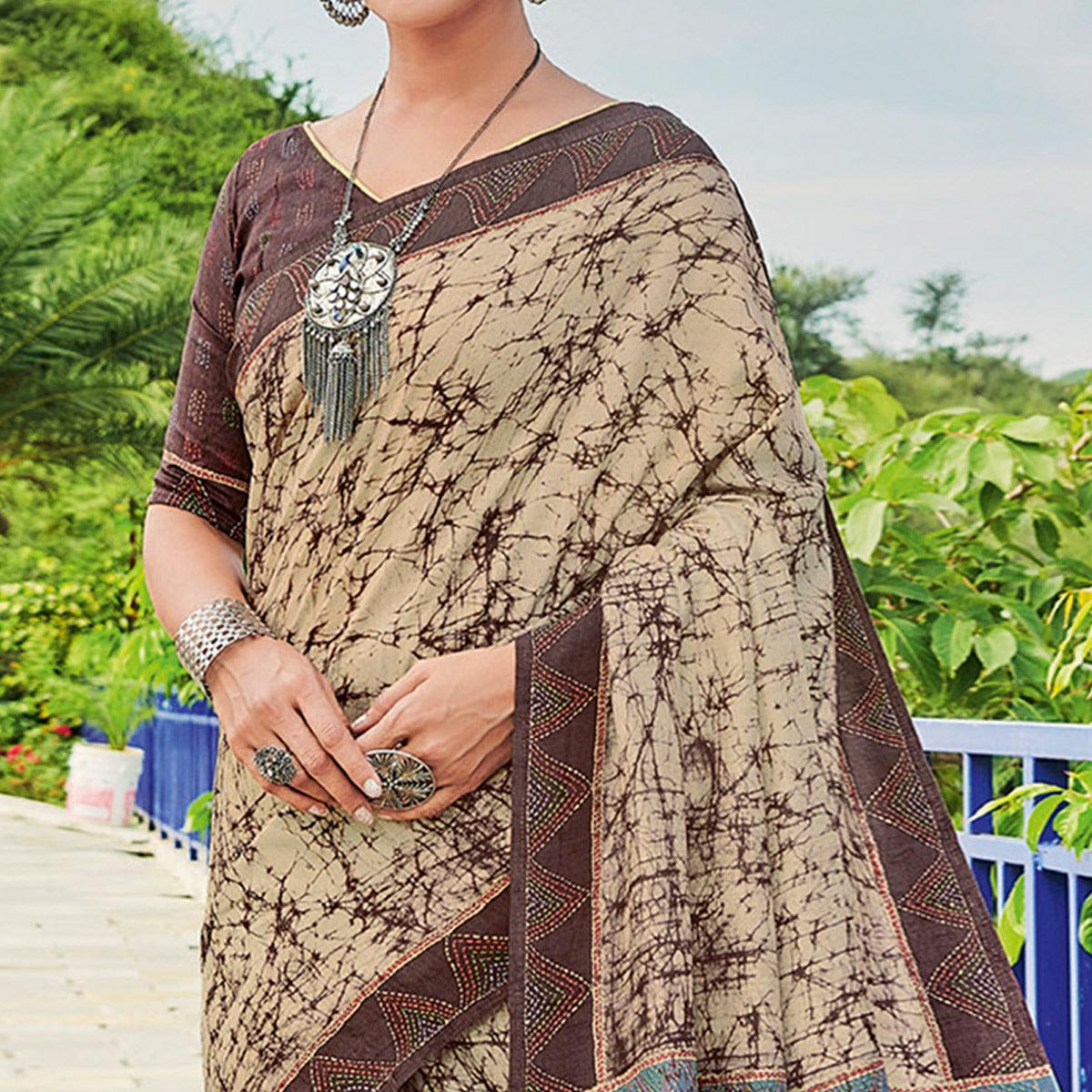 Chikoo Printed Cotton Silk Saree - Peachmode