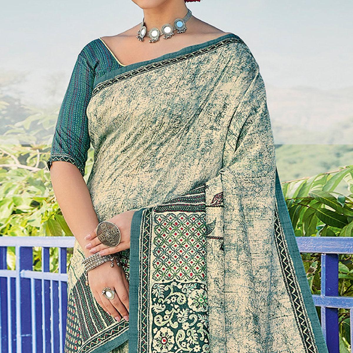 Chikoo Printed Cotton Silk Saree - Peachmode