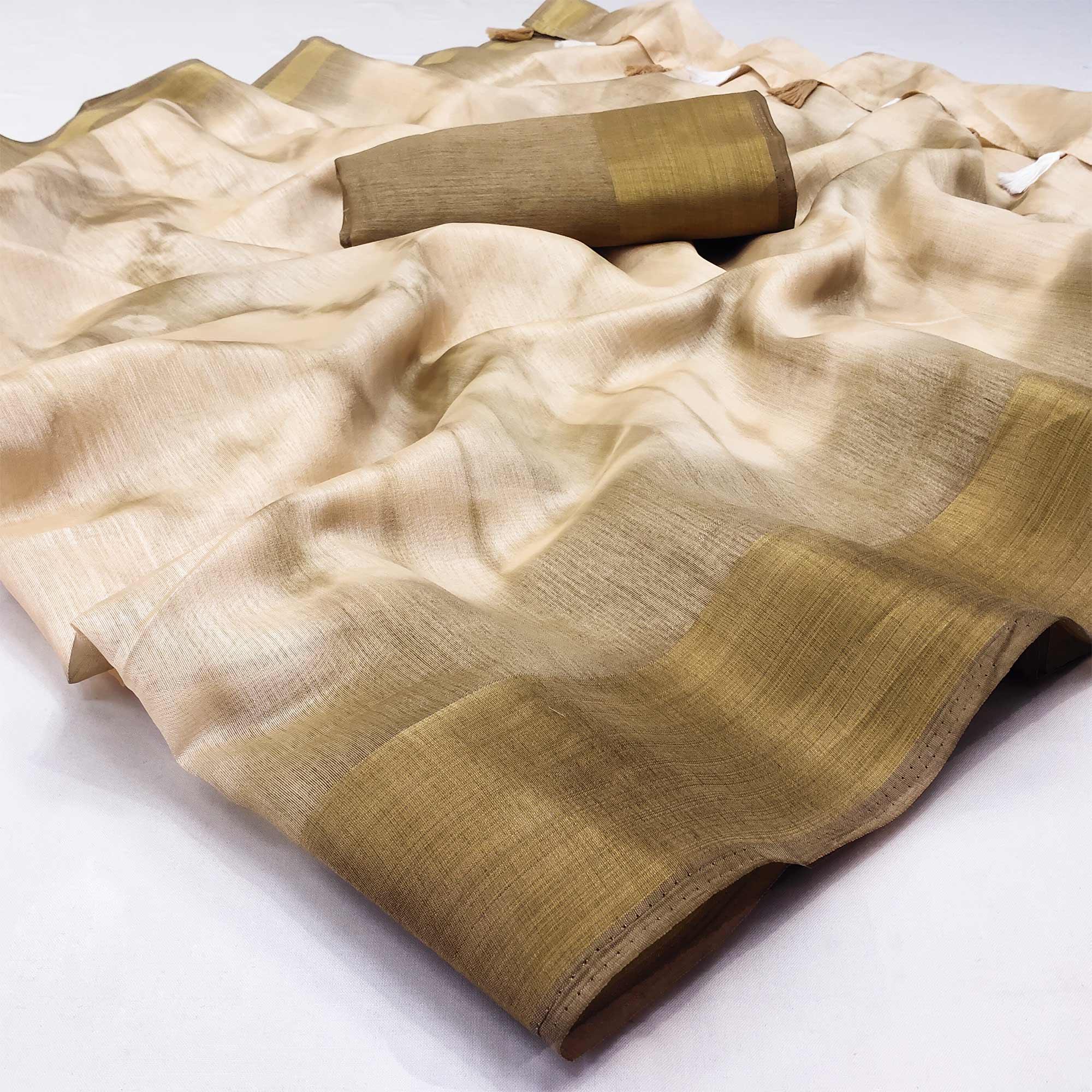 Chikoo Printed Poly Cotton Saree With Tassels - Peachmode