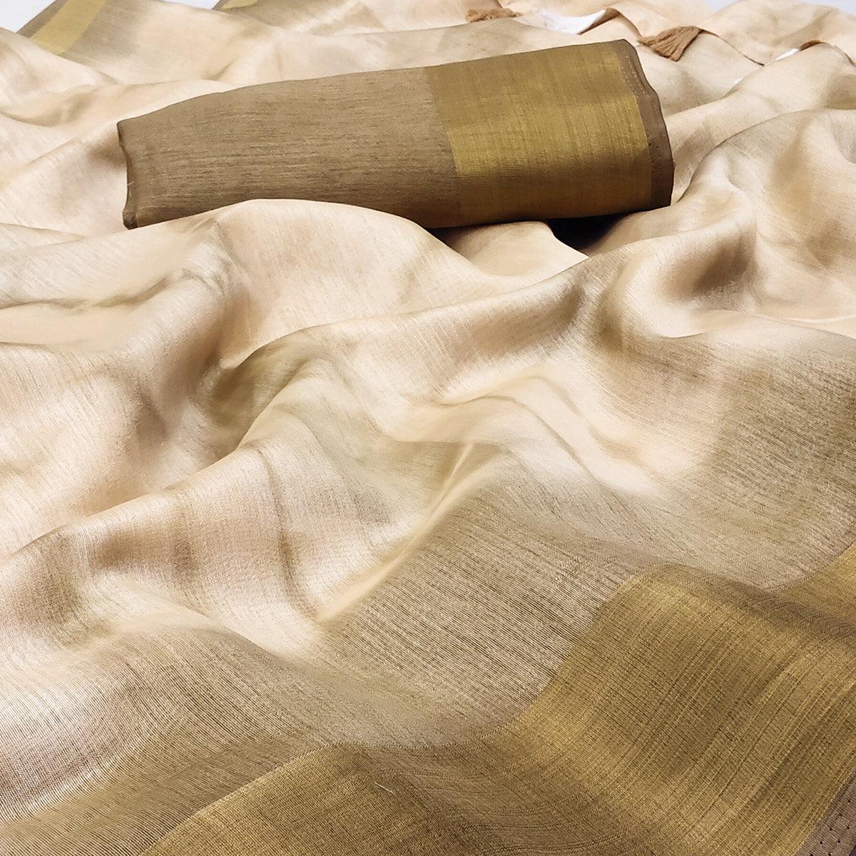 Chikoo Printed Poly Cotton Saree With Tassels - Peachmode