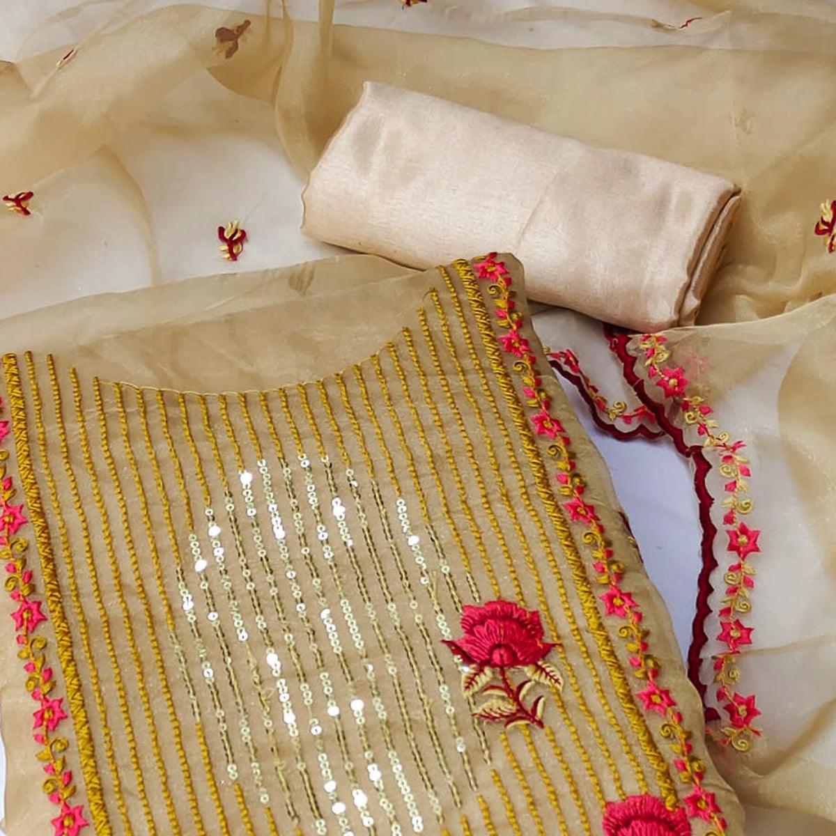 Chikoo Sequence Floral Embroidered Organza Dress Material - Peachmode