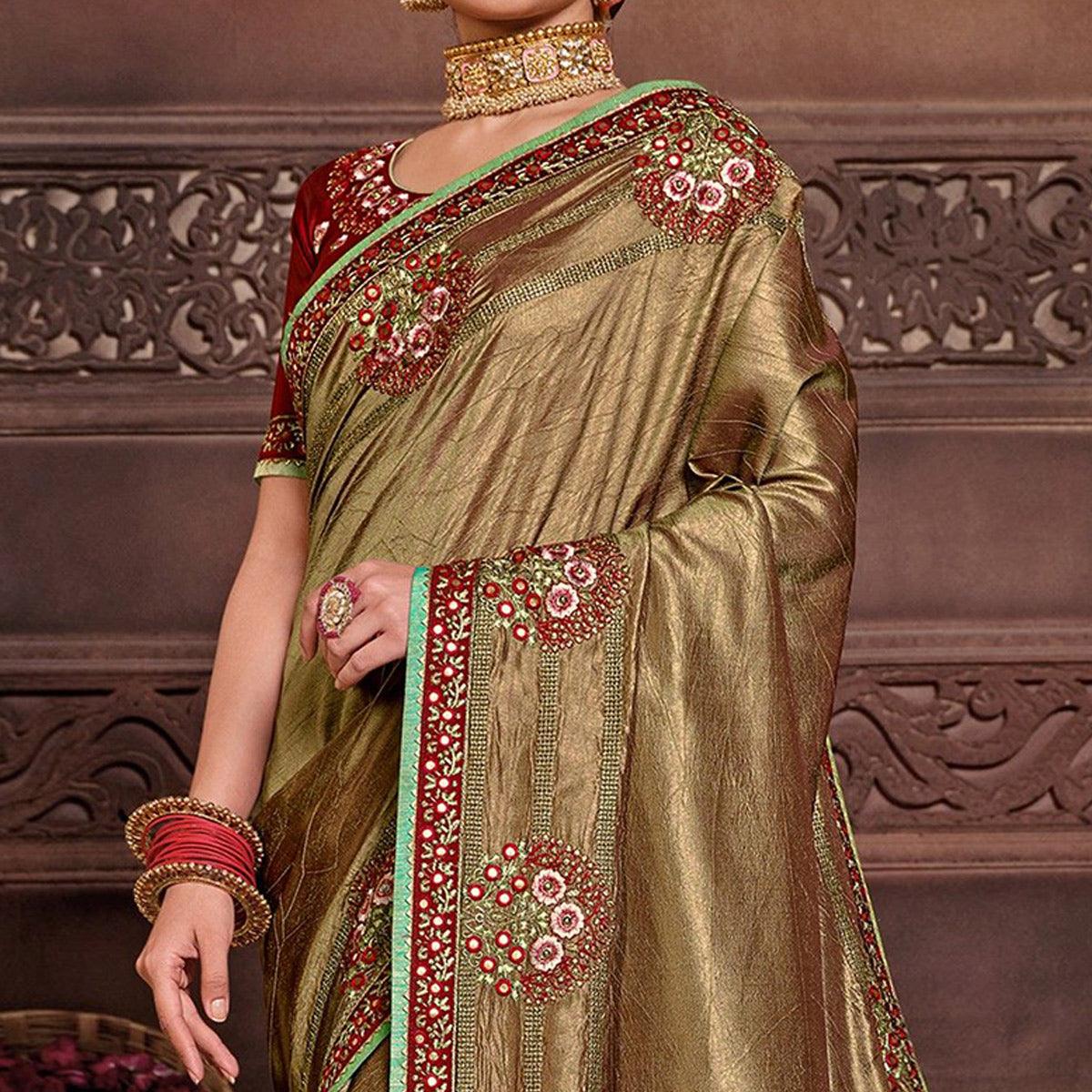 Chikoo Solid Art Silk Saree - Peachmode