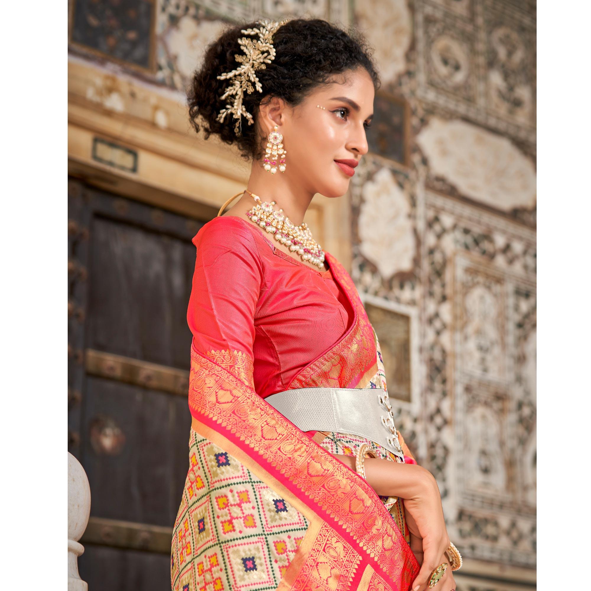 Chikoo Woven Art Silk Patola Saree With Tassels - Peachmode