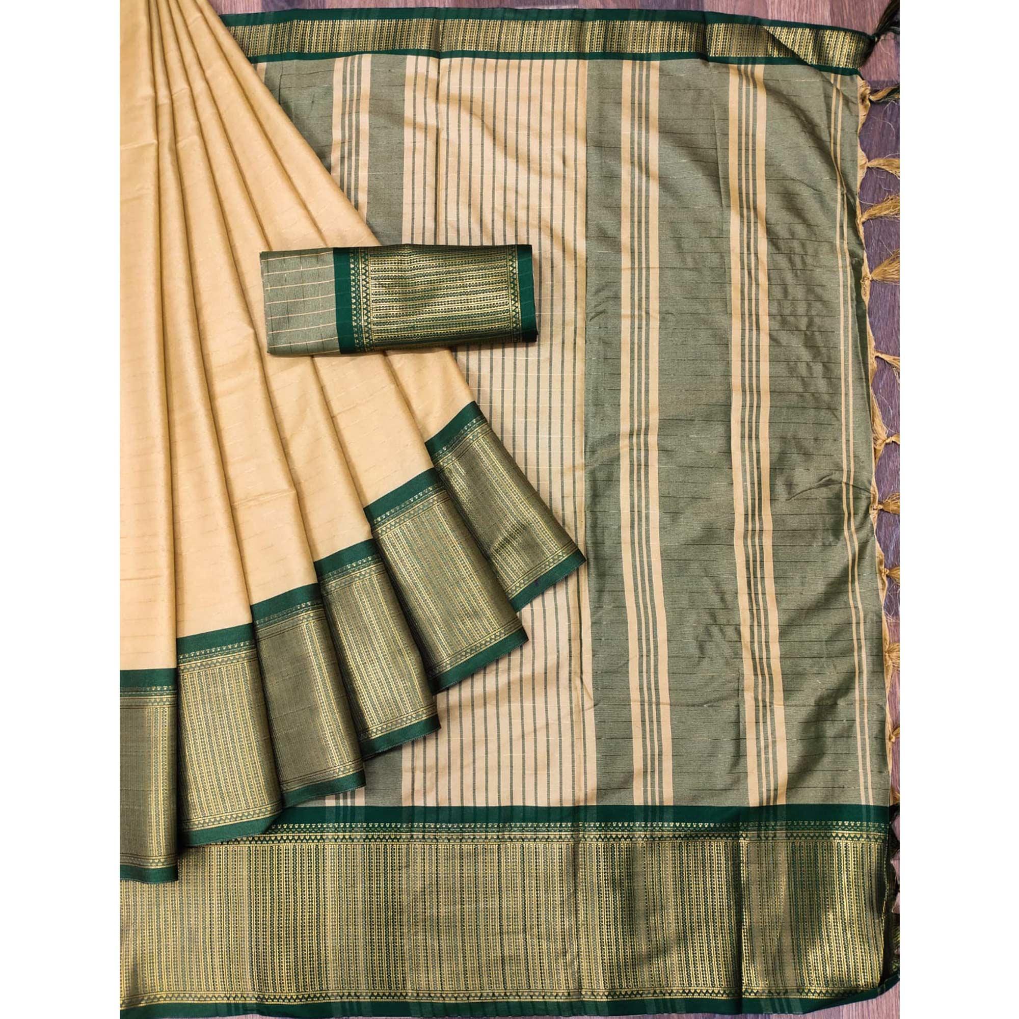 Chikoo Woven Cotton Silk Saree - Peachmode