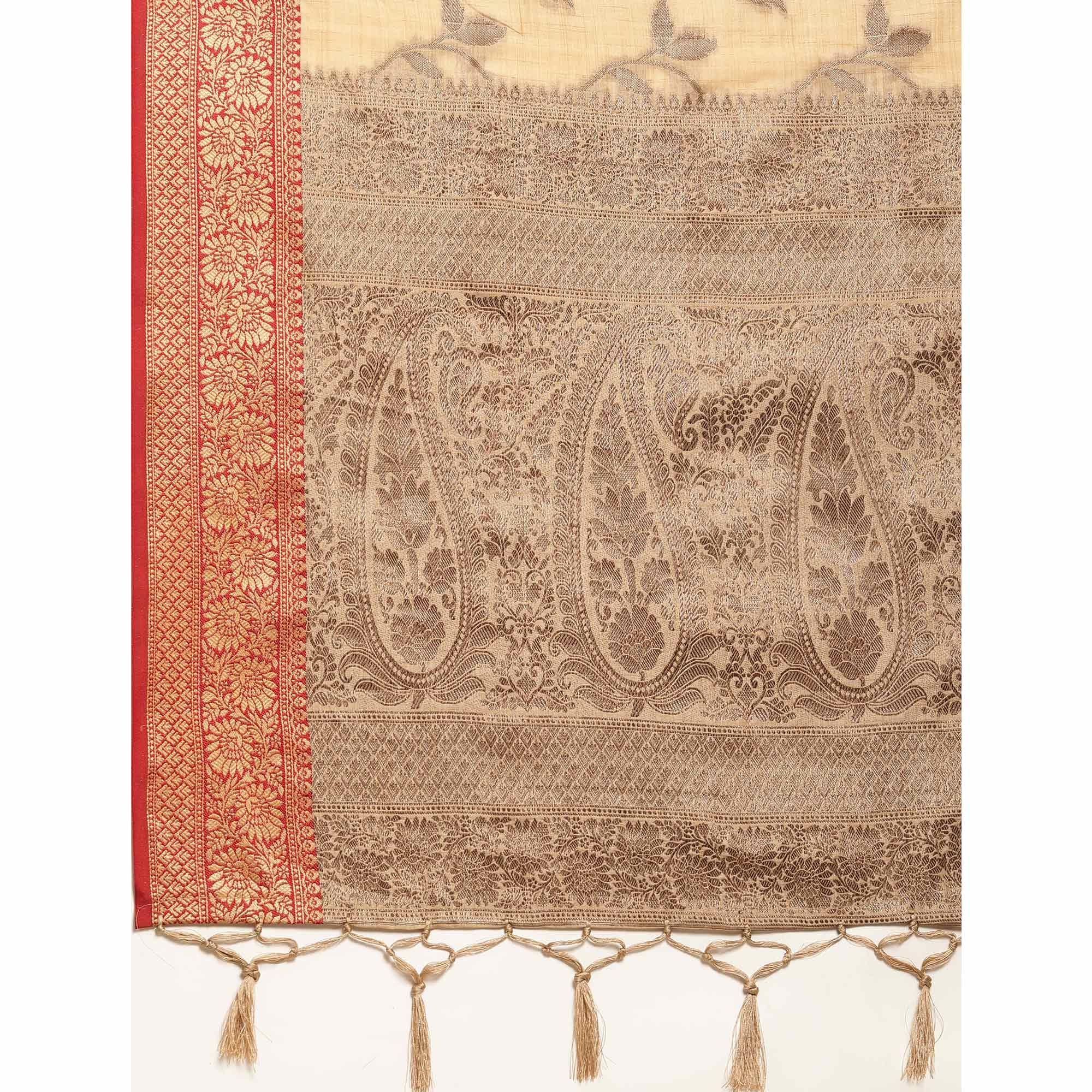 Chikoo Woven Cotton Silk Saree With Tassels - Peachmode