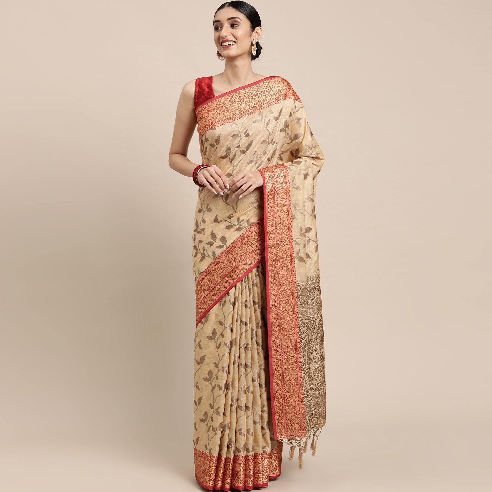 Chikoo Woven Cotton Silk Saree With Tassels - Peachmode