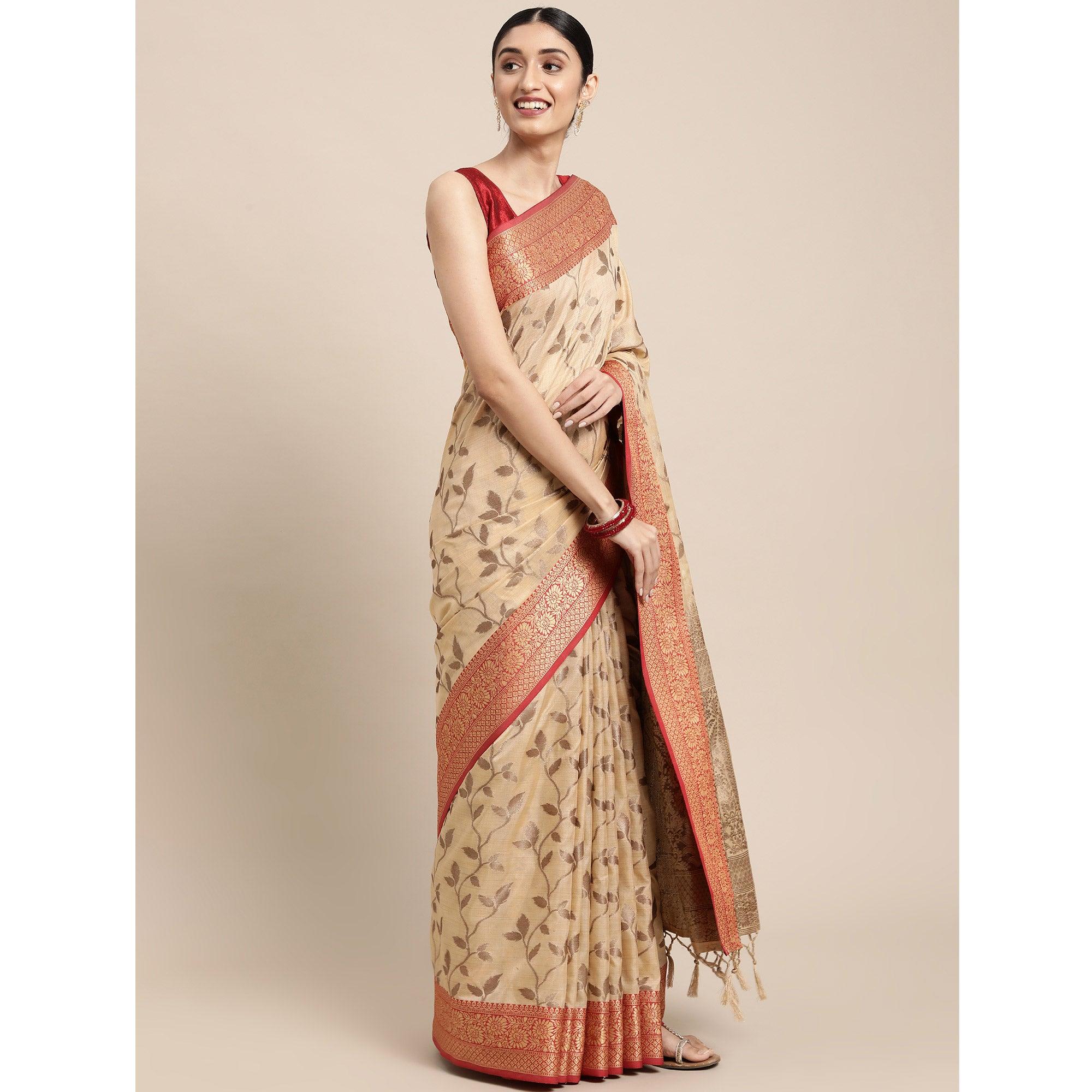 Chikoo Woven Cotton Silk Saree With Tassels - Peachmode