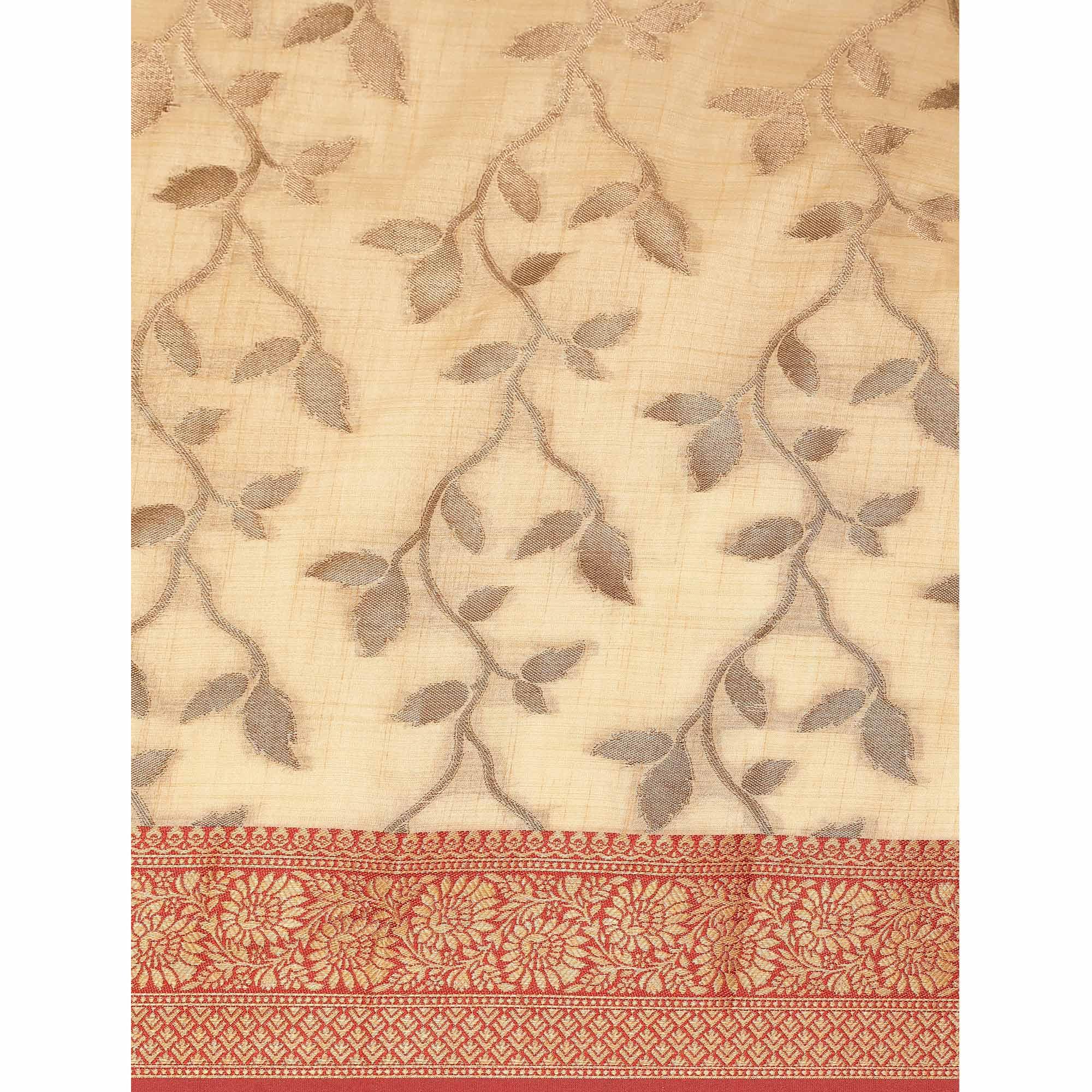 Chikoo Woven Cotton Silk Saree With Tassels - Peachmode