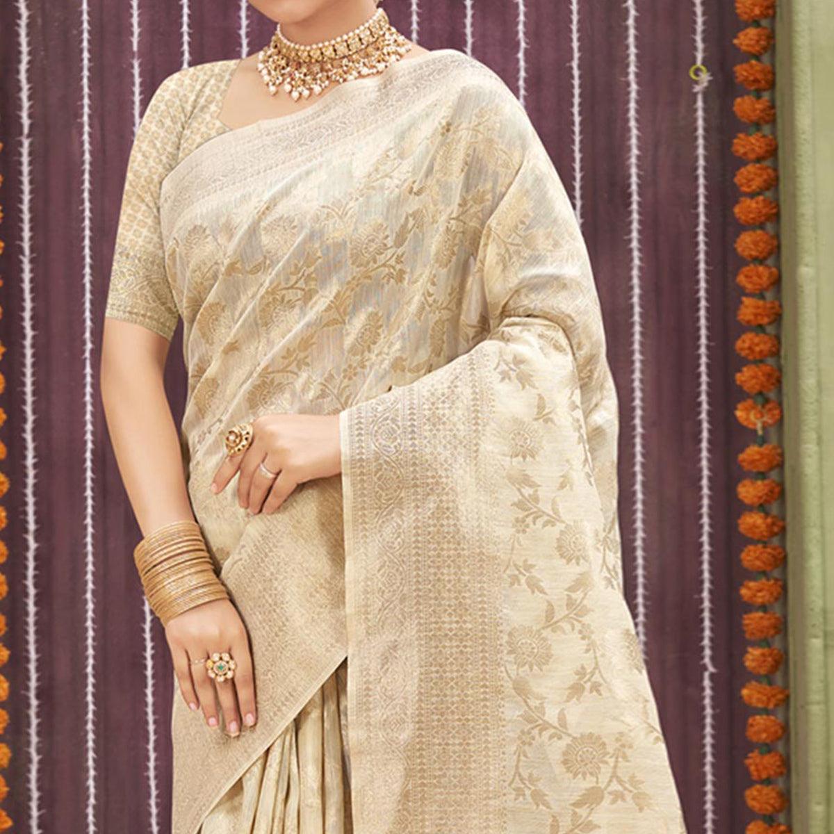 Chikoo Woven Linen Saree - Peachmode