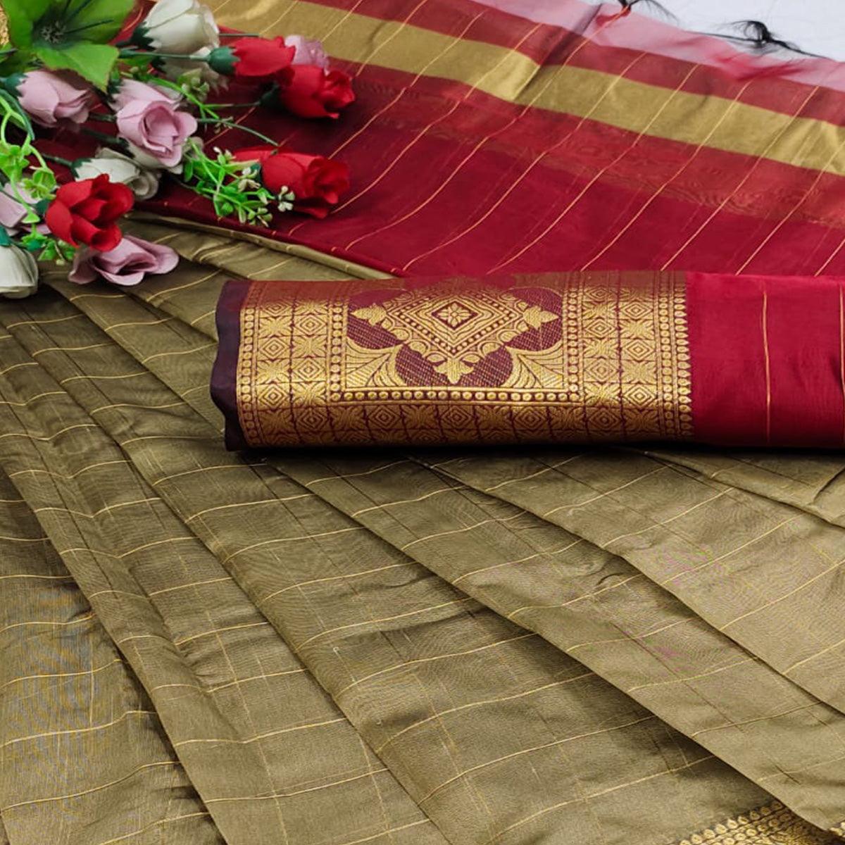 Chikoo Woven Organza Saree - Peachmode