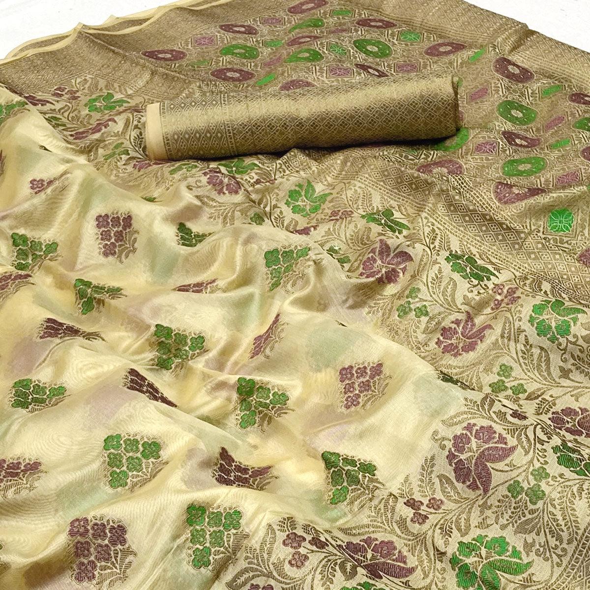 Chikoo Woven Organza Saree - Peachmode