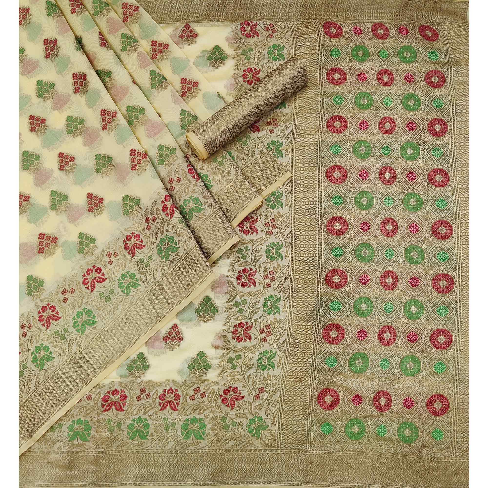 Chikoo Woven Organza Saree - Peachmode