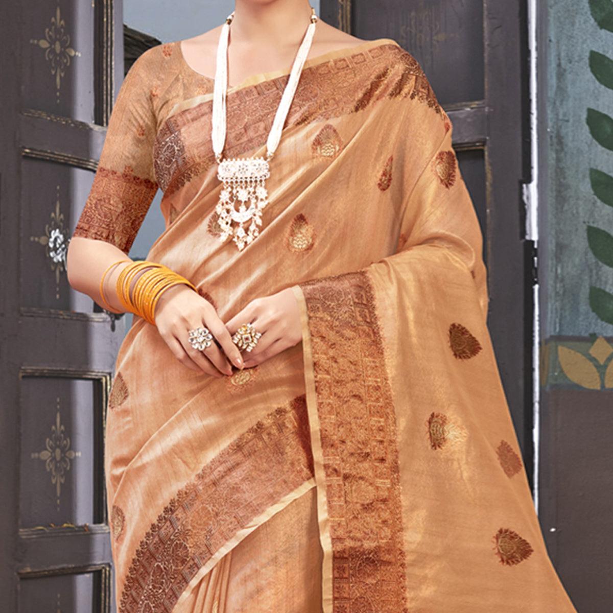 Chikoo Woven Organza Saree With Tassels - Peachmode