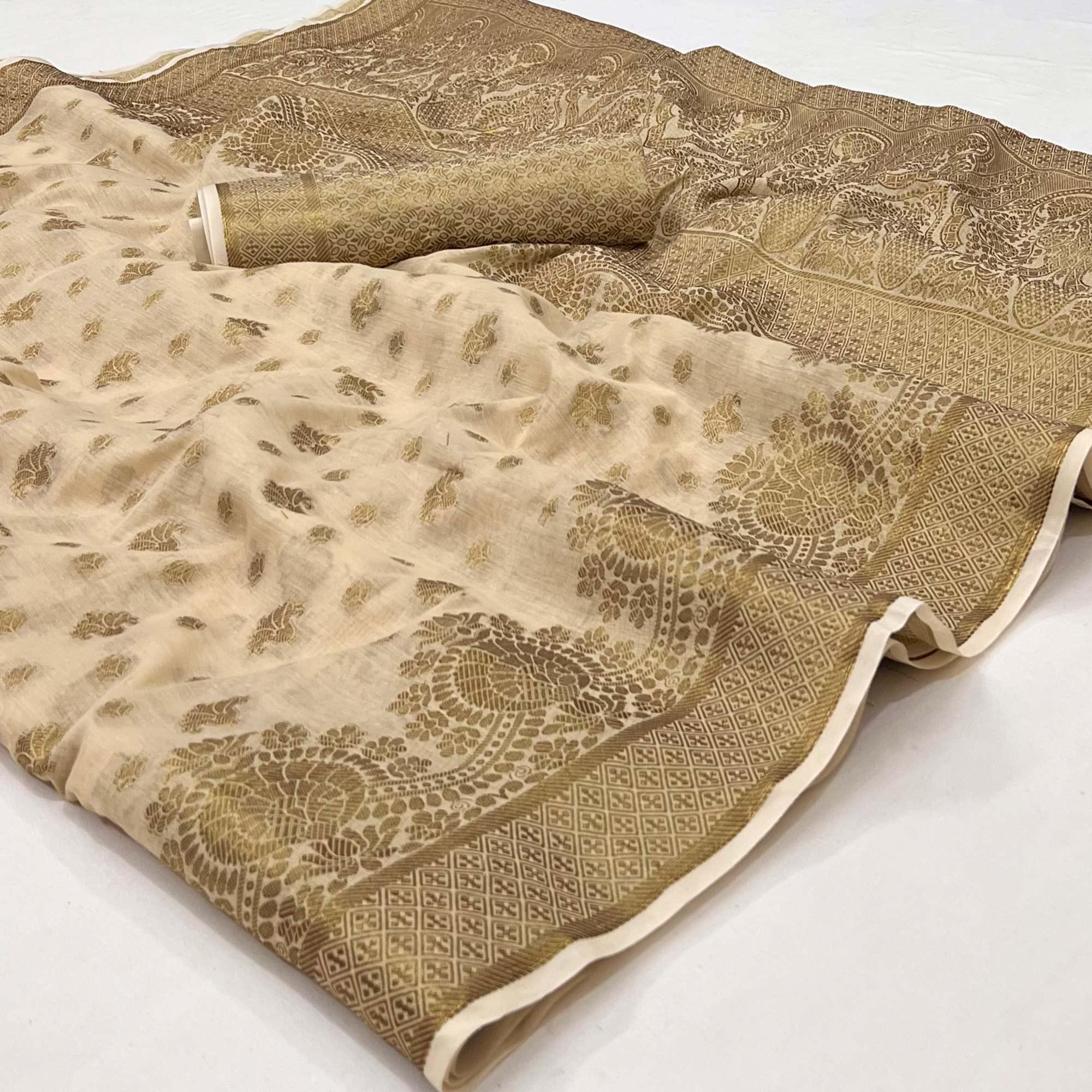 Chikoo Woven Poly Cotton Saree - Peachmode