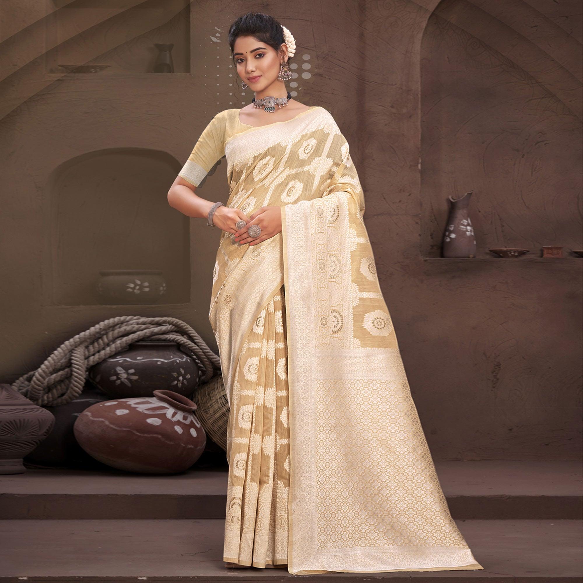 Chikoo Woven Poly Cotton Saree - Peachmode