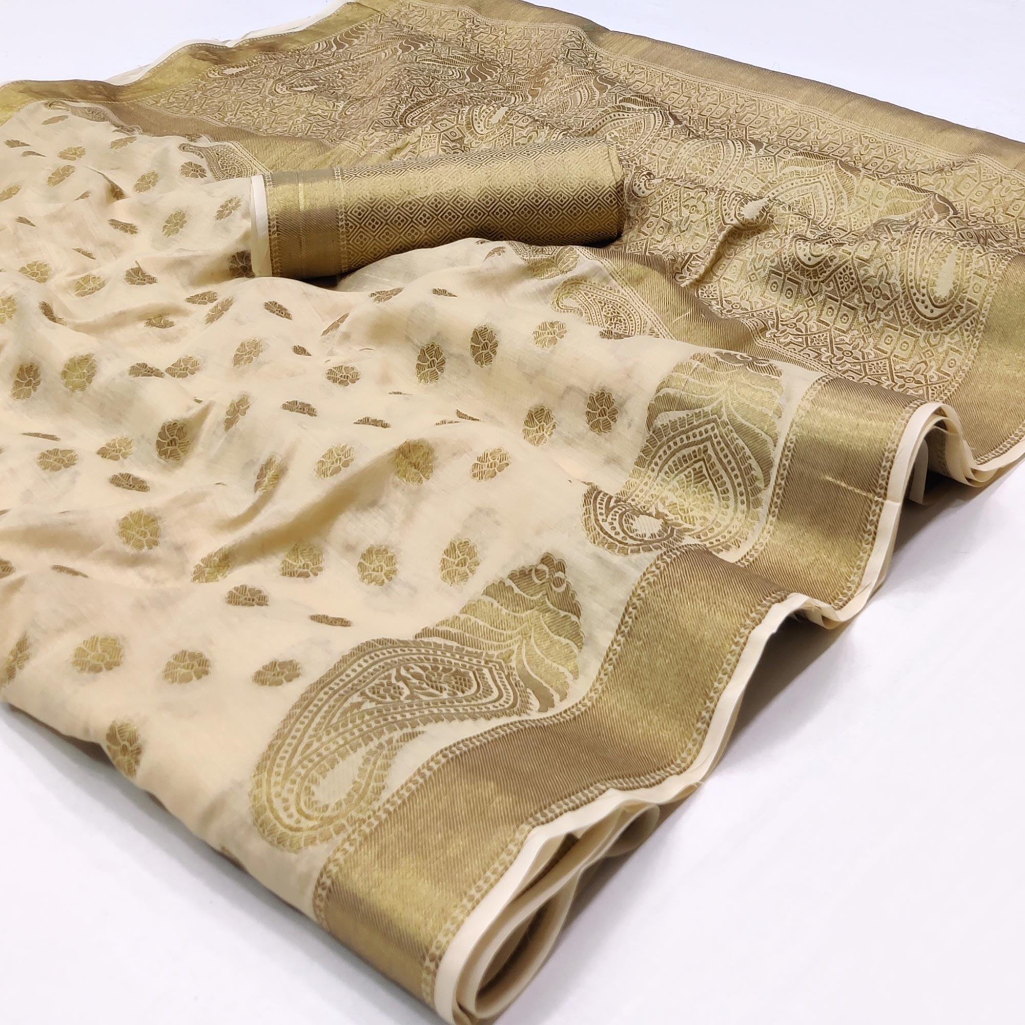 Chikoo Woven Poly Cotton Saree - Peachmode