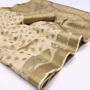 Chikoo Woven Poly Cotton Saree - Peachmode