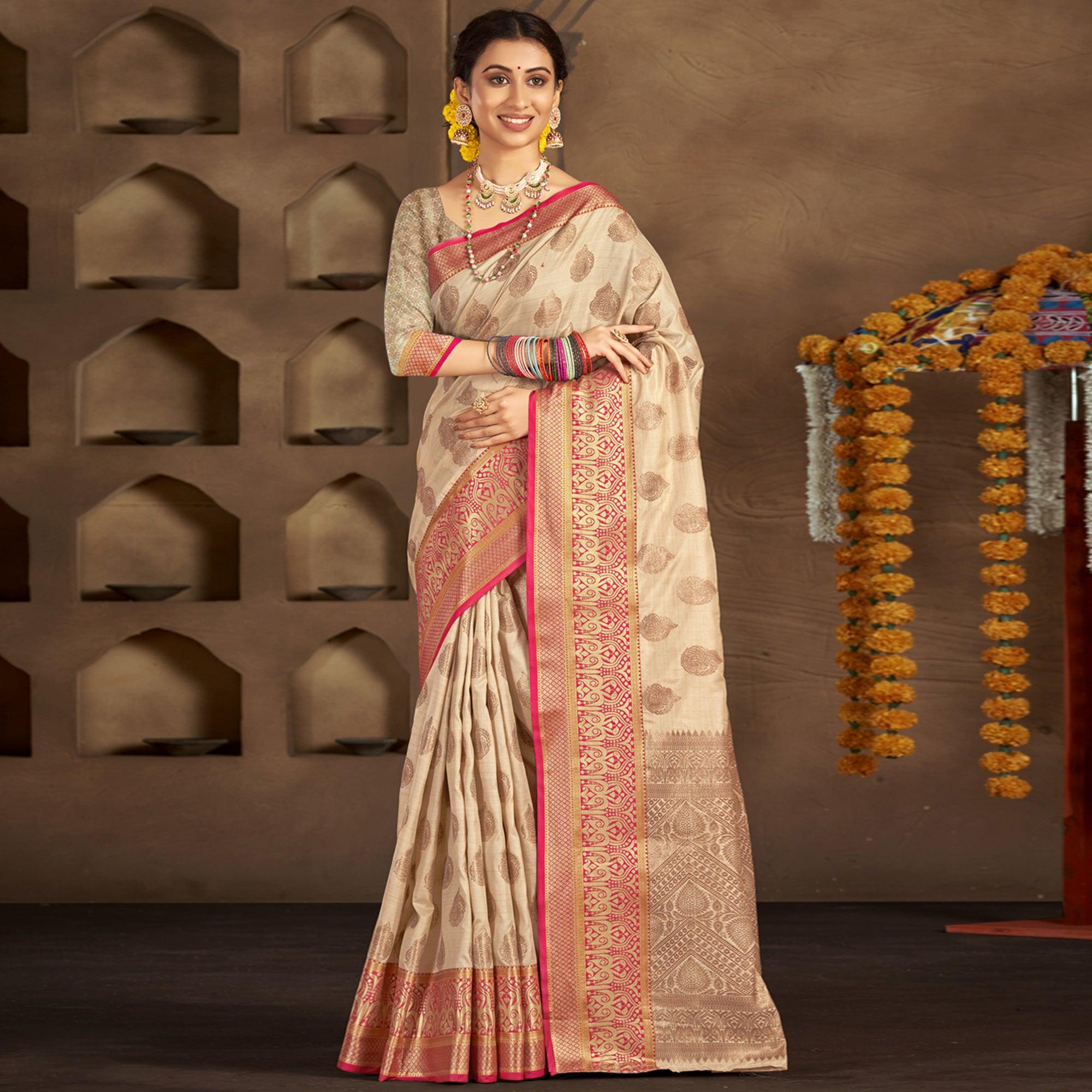 Chikoo Woven Poly Cotton Saree - Peachmode