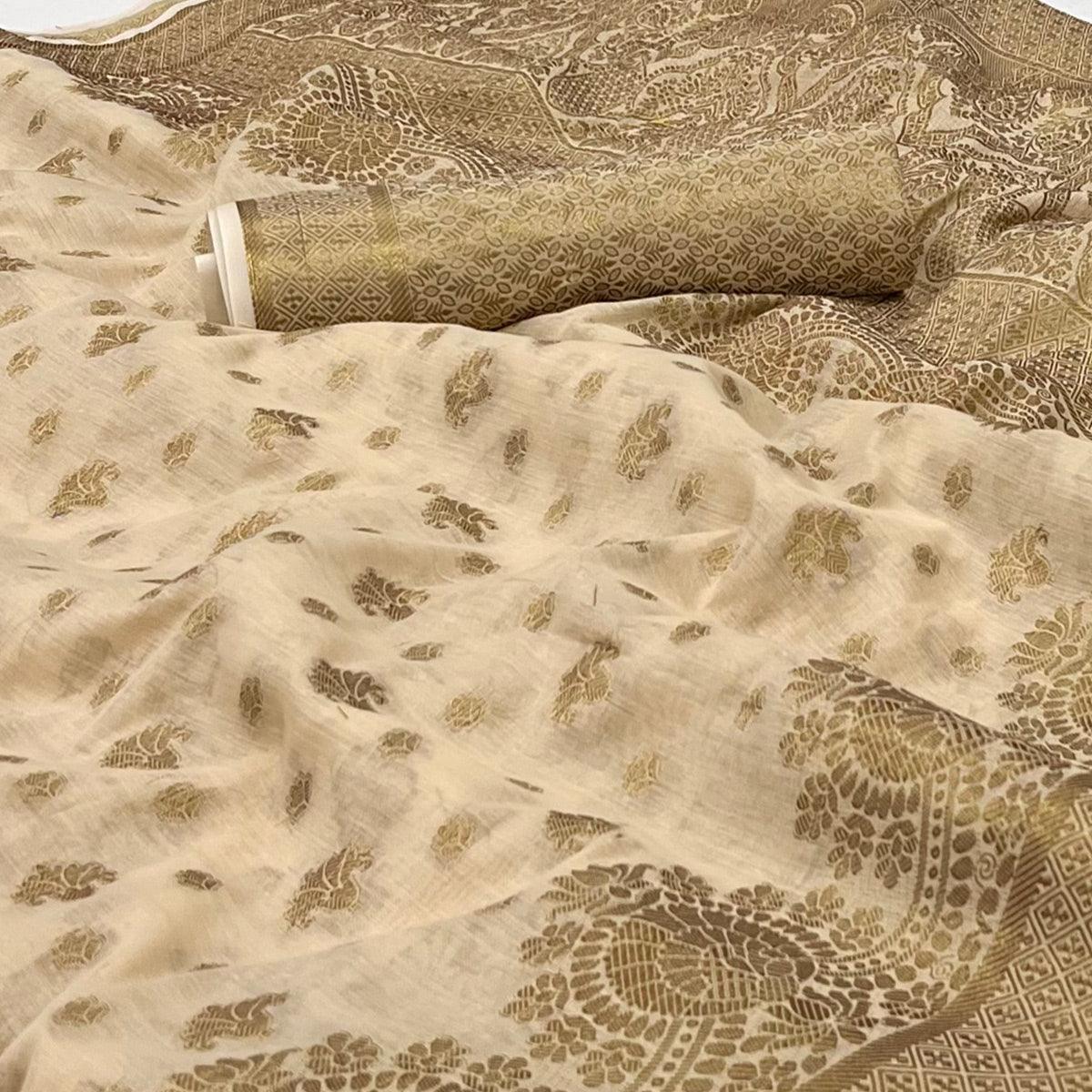 Chikoo Woven Poly Cotton Saree - Peachmode