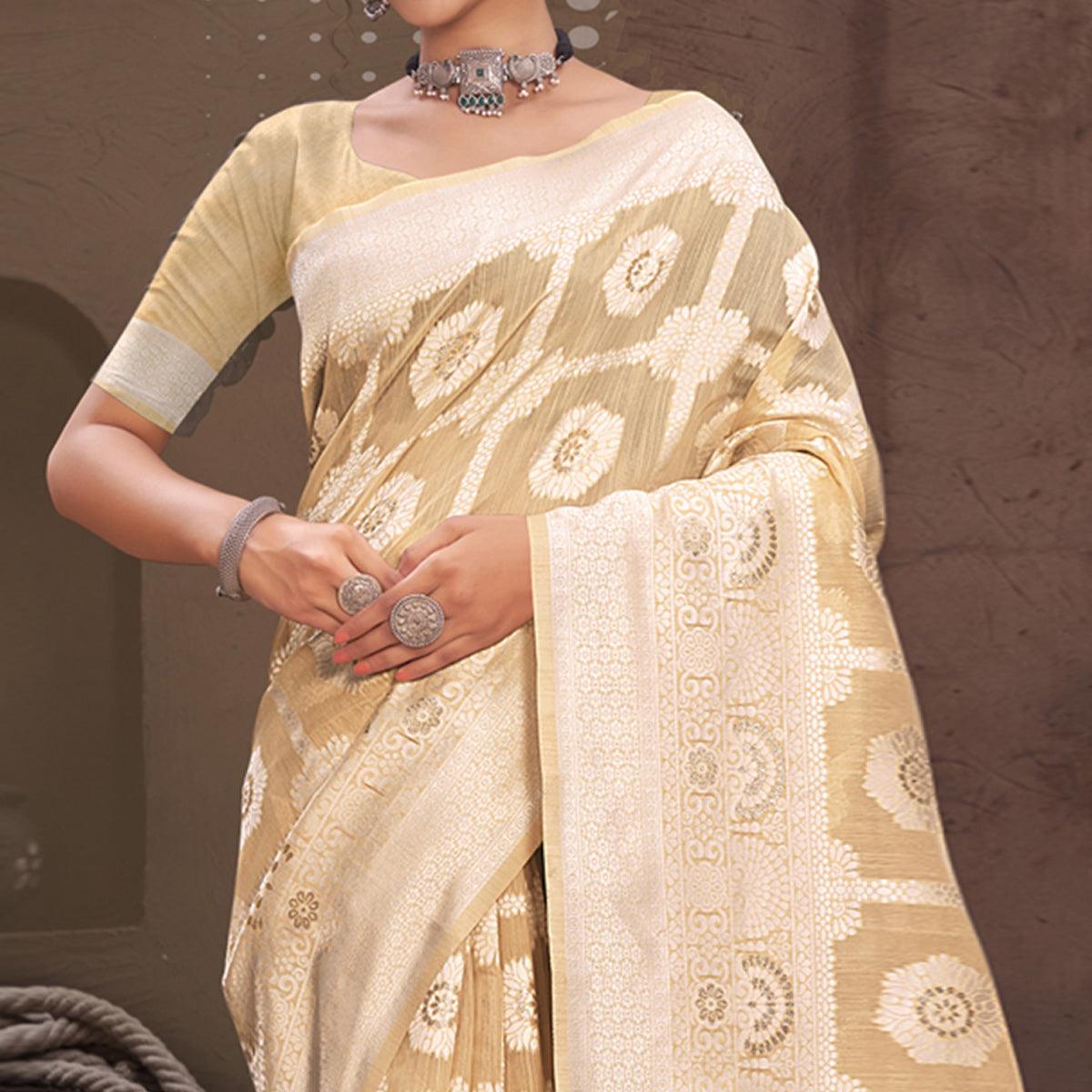 Chikoo Woven Poly Cotton Saree - Peachmode