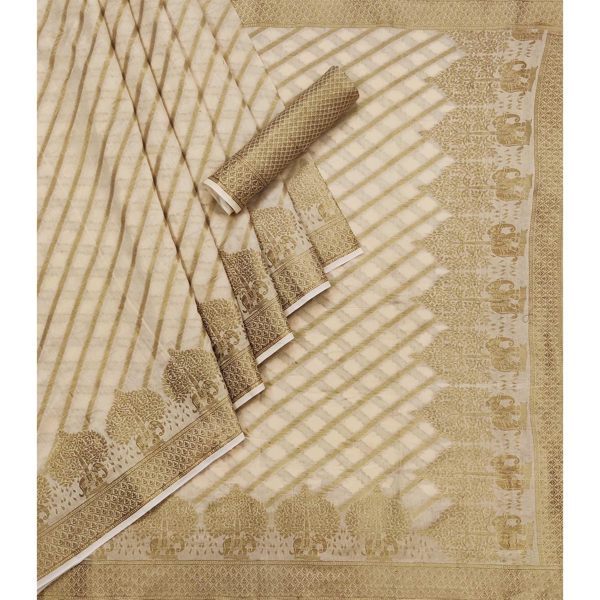 Chikoo Woven Poly Cotton Saree - Peachmode