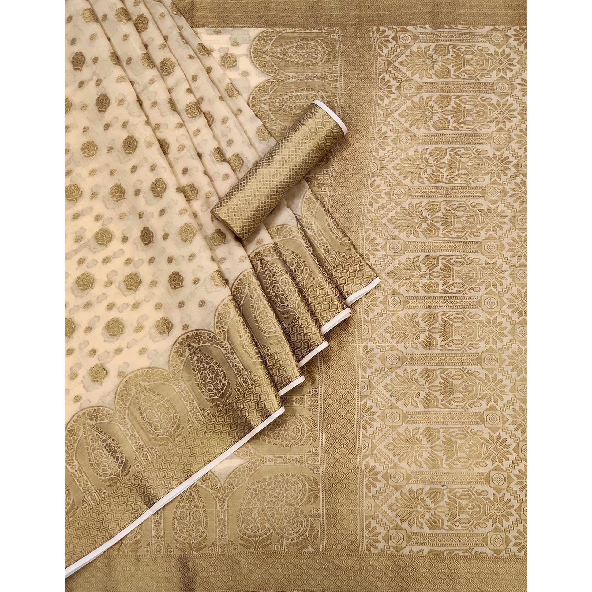 Chikoo Woven Poly Cotton Saree - Peachmode