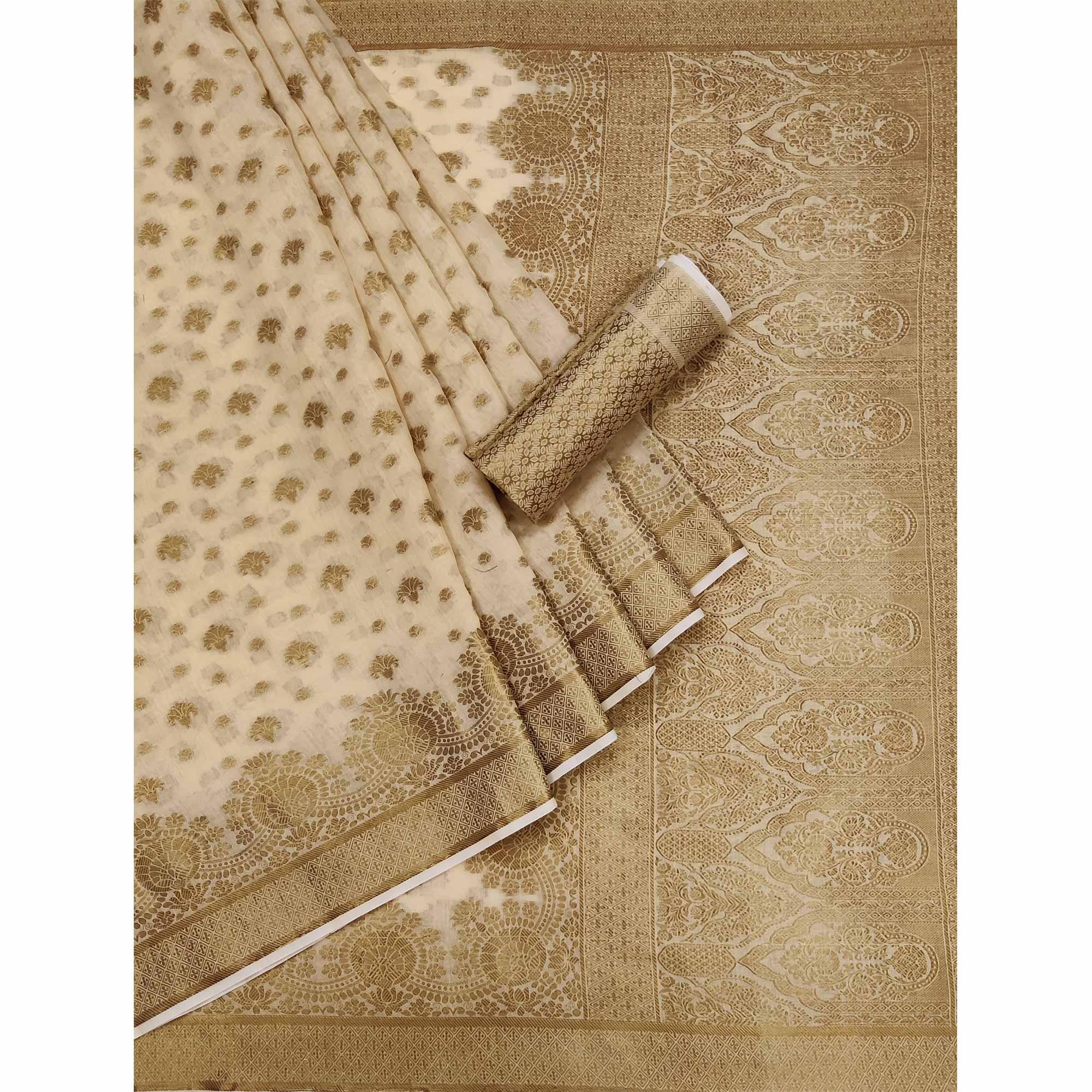 Chikoo Woven Poly Cotton Saree - Peachmode