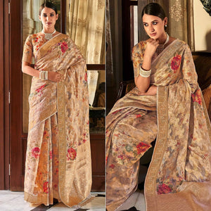 Chikoo Woven With Printed Cotton Silk Saree With Tassels - Peachmode