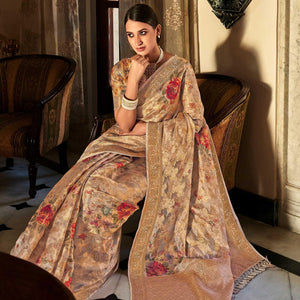 Chikoo Woven With Printed Cotton Silk Saree With Tassels - Peachmode