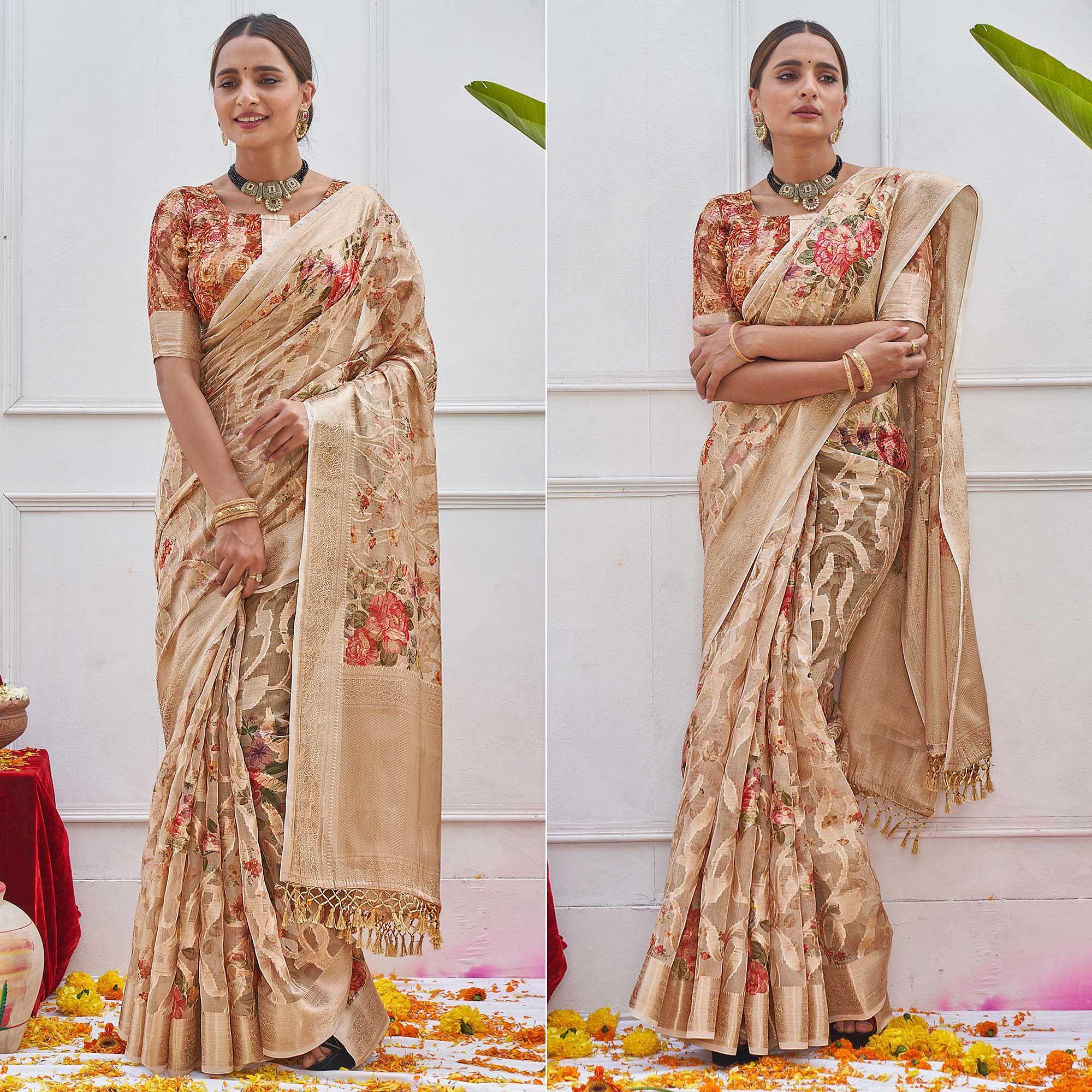 Chikoo Woven With Printed Organza Saree - Peachmode