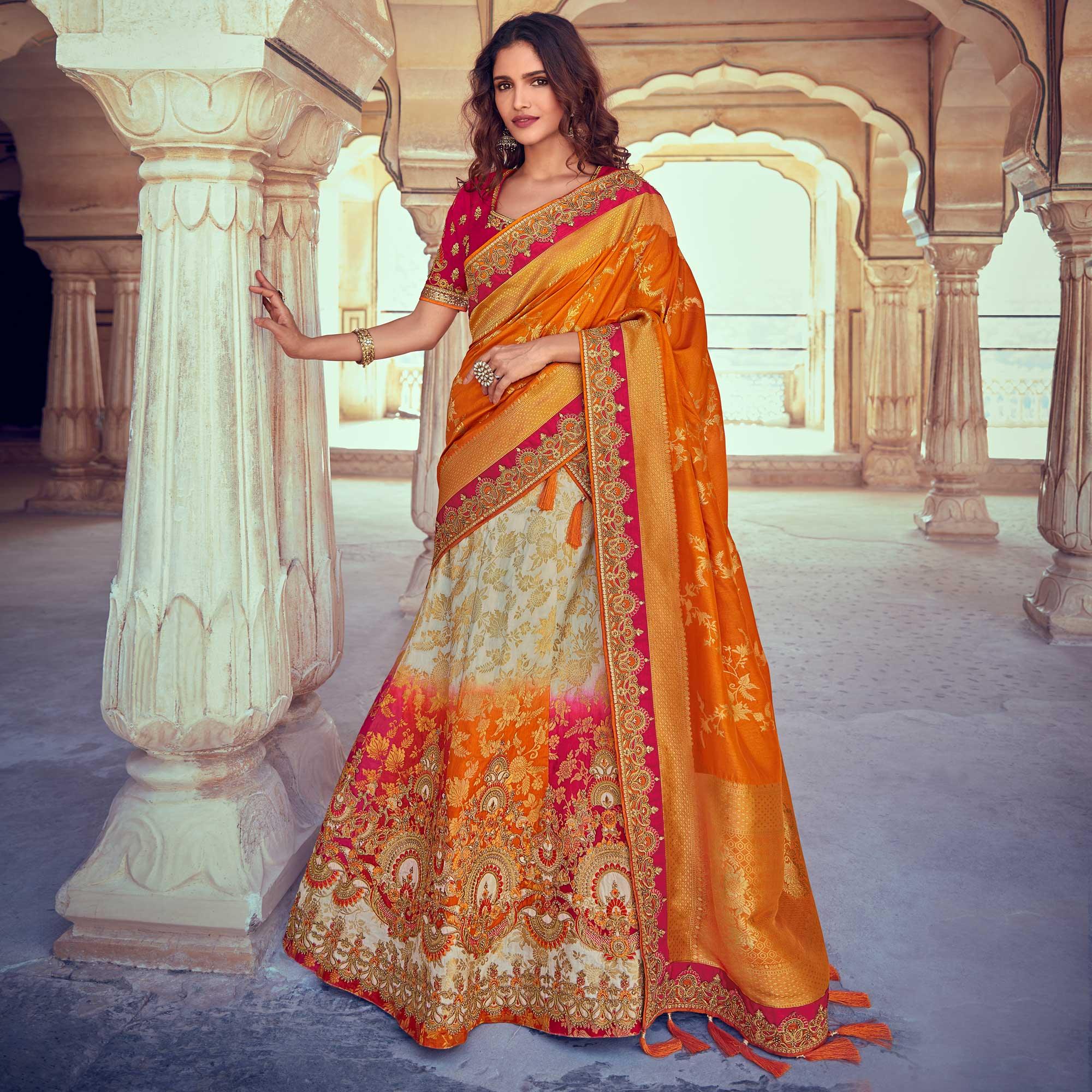 Chiku & Orange Wedding Wear Woven & Embroidered Silk Lehenga Choli - Peachmode
