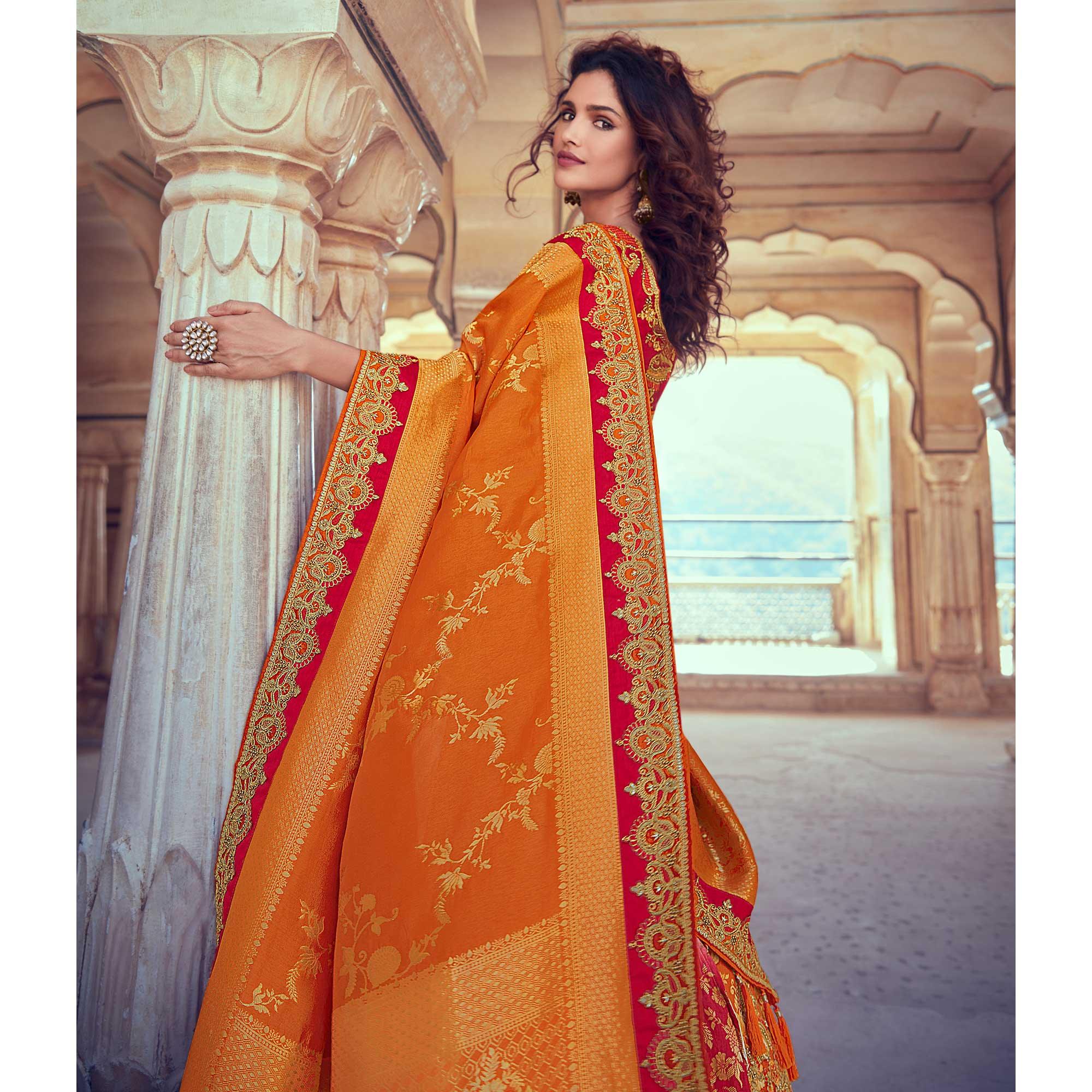 Chiku & Orange Wedding Wear Woven & Embroidered Silk Lehenga Choli - Peachmode
