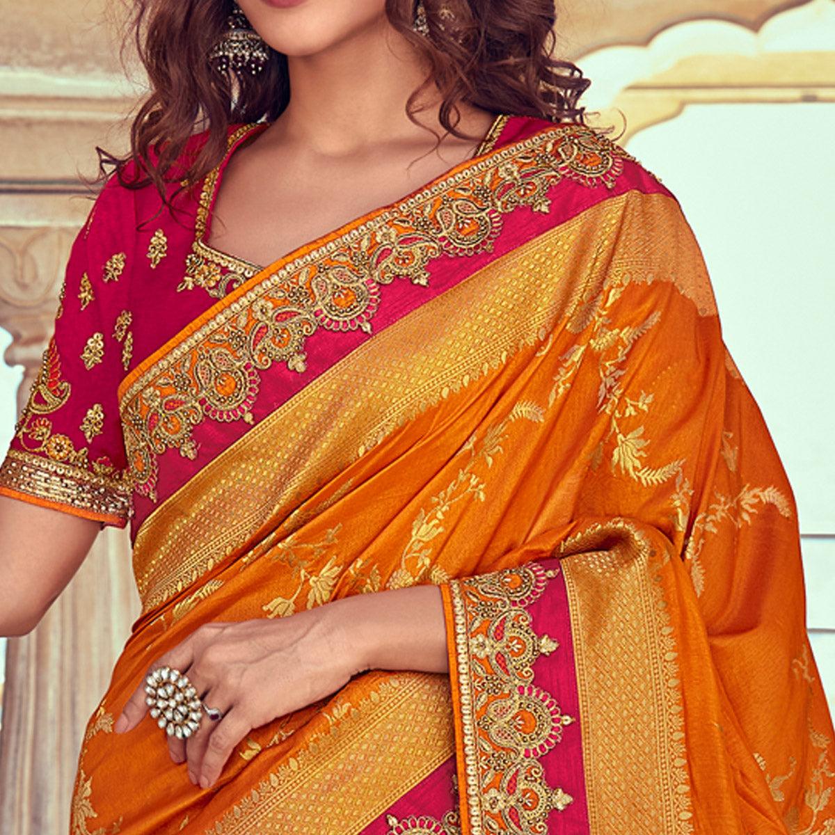 Chiku & Orange Wedding Wear Woven & Embroidered Silk Lehenga Choli - Peachmode