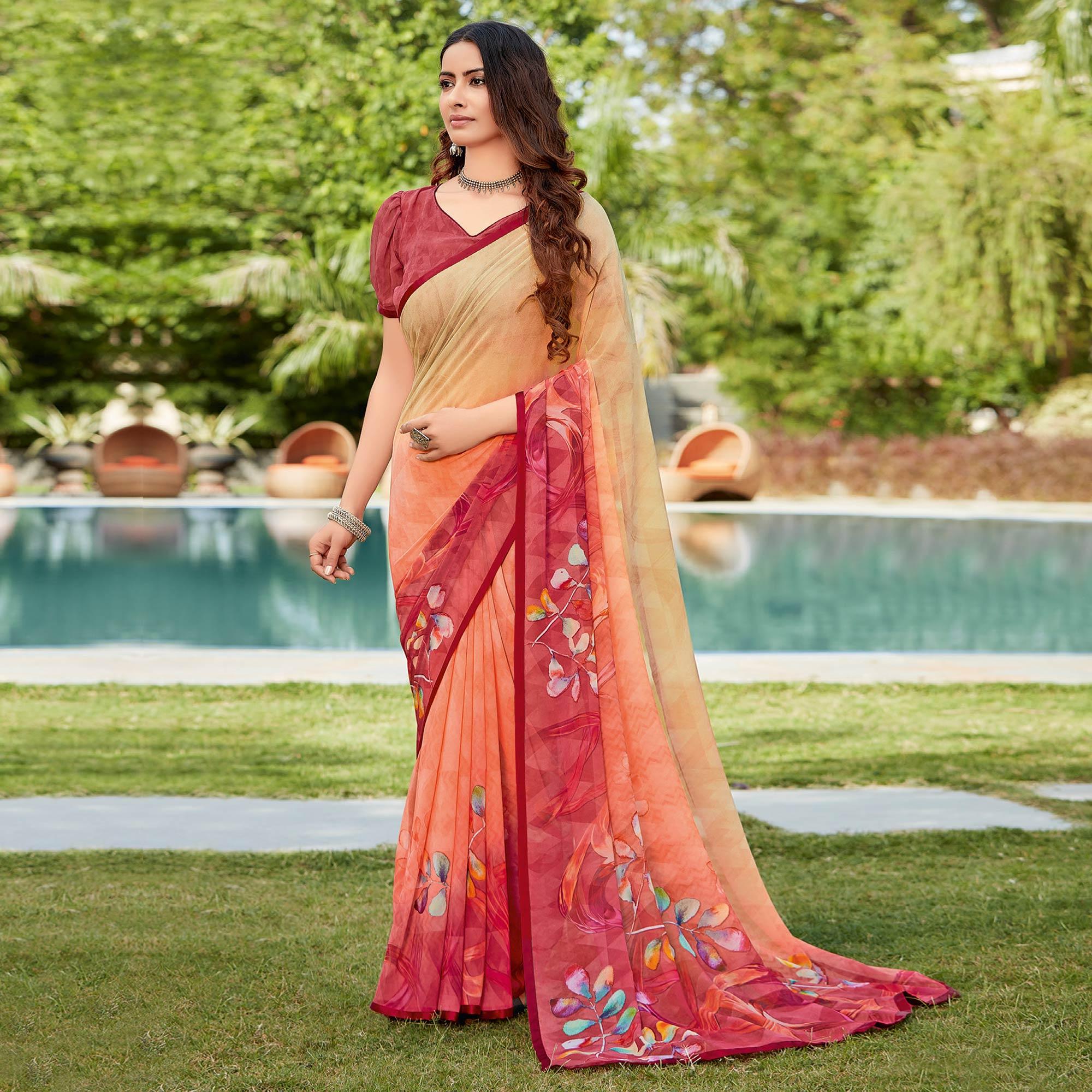 Chiku Casual Wear Printed Georgette Saree - Peachmode