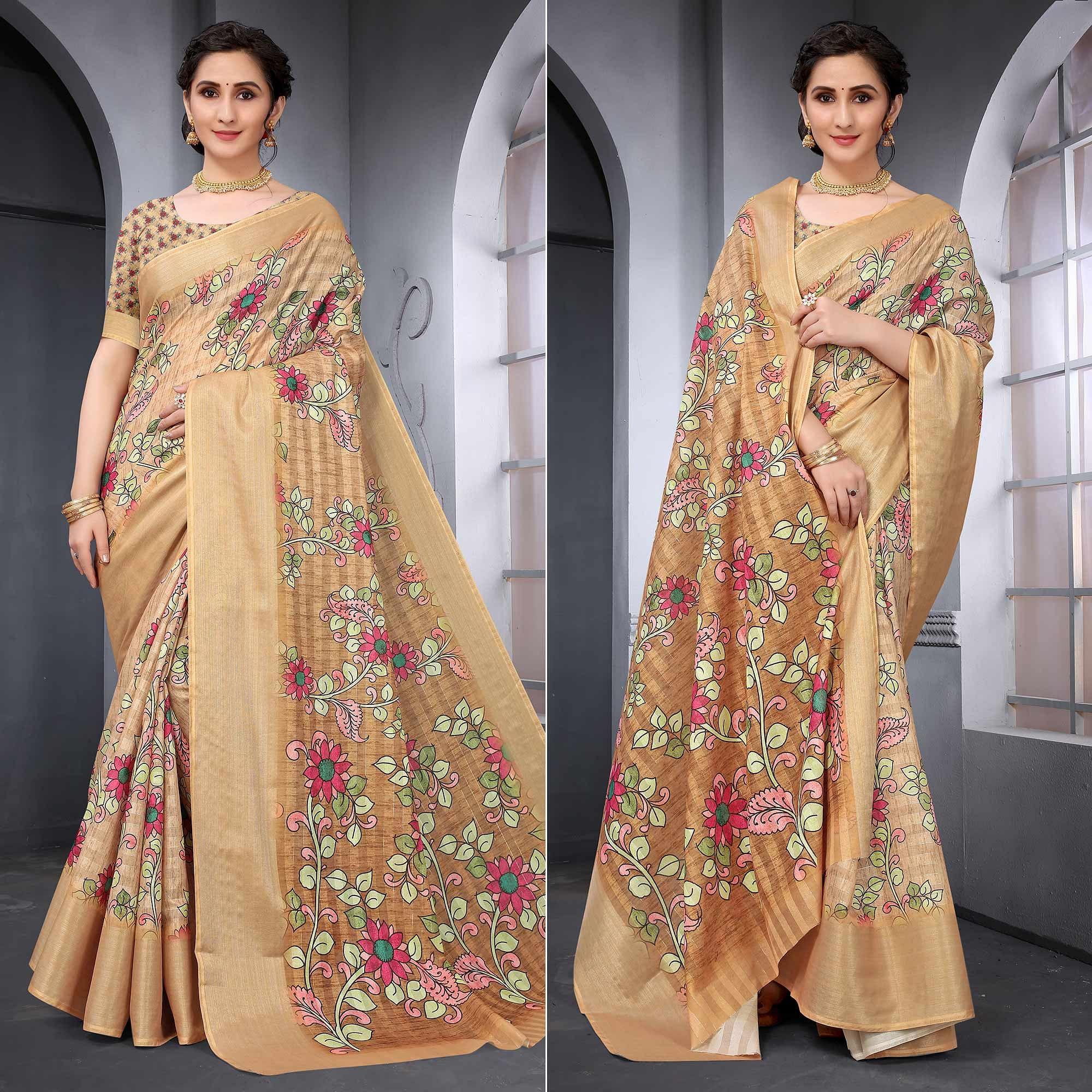 Chiku Festive Wear Floral Printed Art Silk Saree - Peachmode