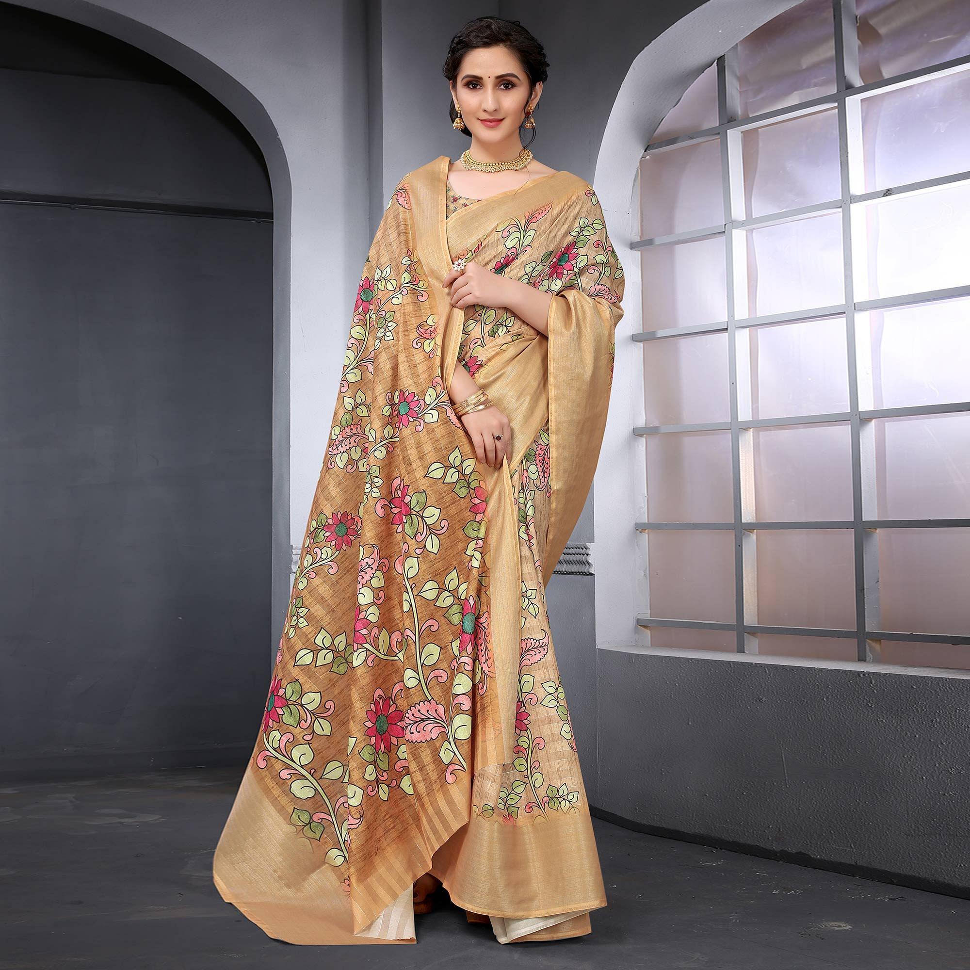 Chiku Festive Wear Floral Printed Art Silk Saree - Peachmode