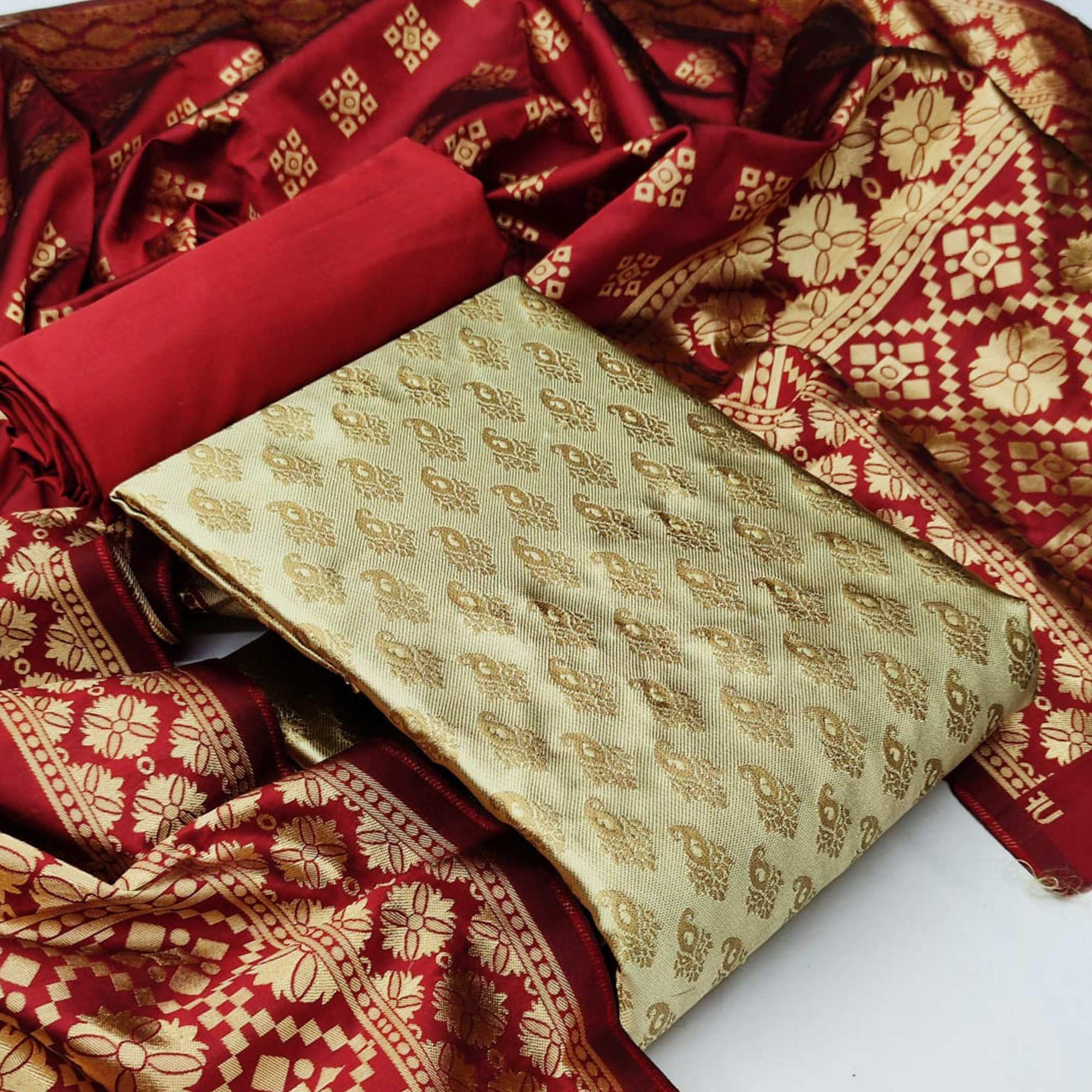 Chiku Festive Wear Woven Banarasi Silk Dress Material - Peachmode